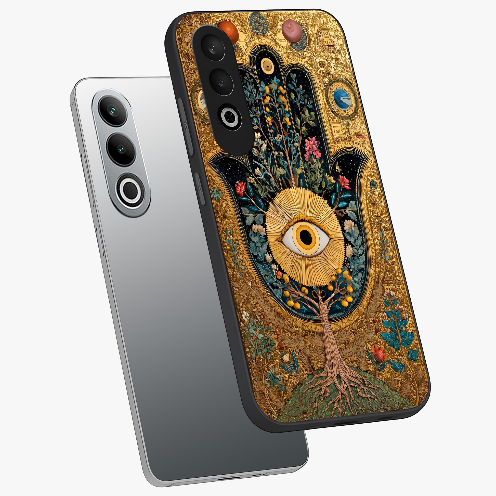 Ethereal Evil Eye Glass Case for 1+Nord Ce 4 angled mockup showcasing glossy finish and celestial blue tones