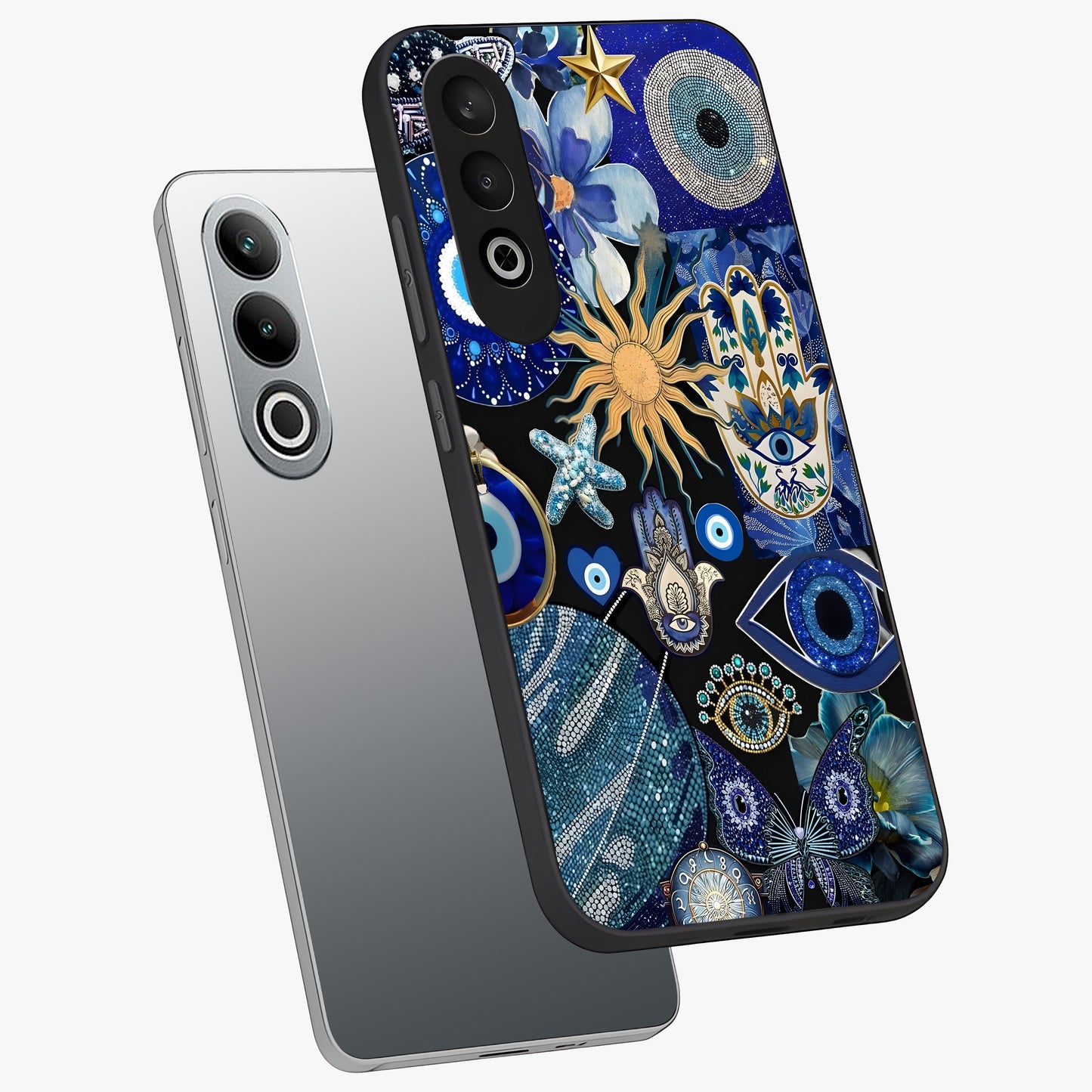 Evil Eye Charm Mix Glass Case for 1+Nord Ce 4 angled mockup showcasing glossy finish and bold blue tones