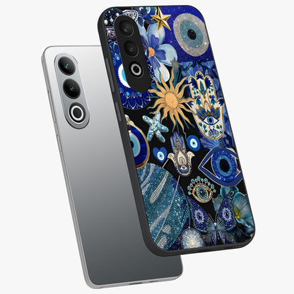 Evil Eye Charm Mix Glass Case for 1+Nord Ce 4 angled mockup showcasing glossy finish and bold blue tones