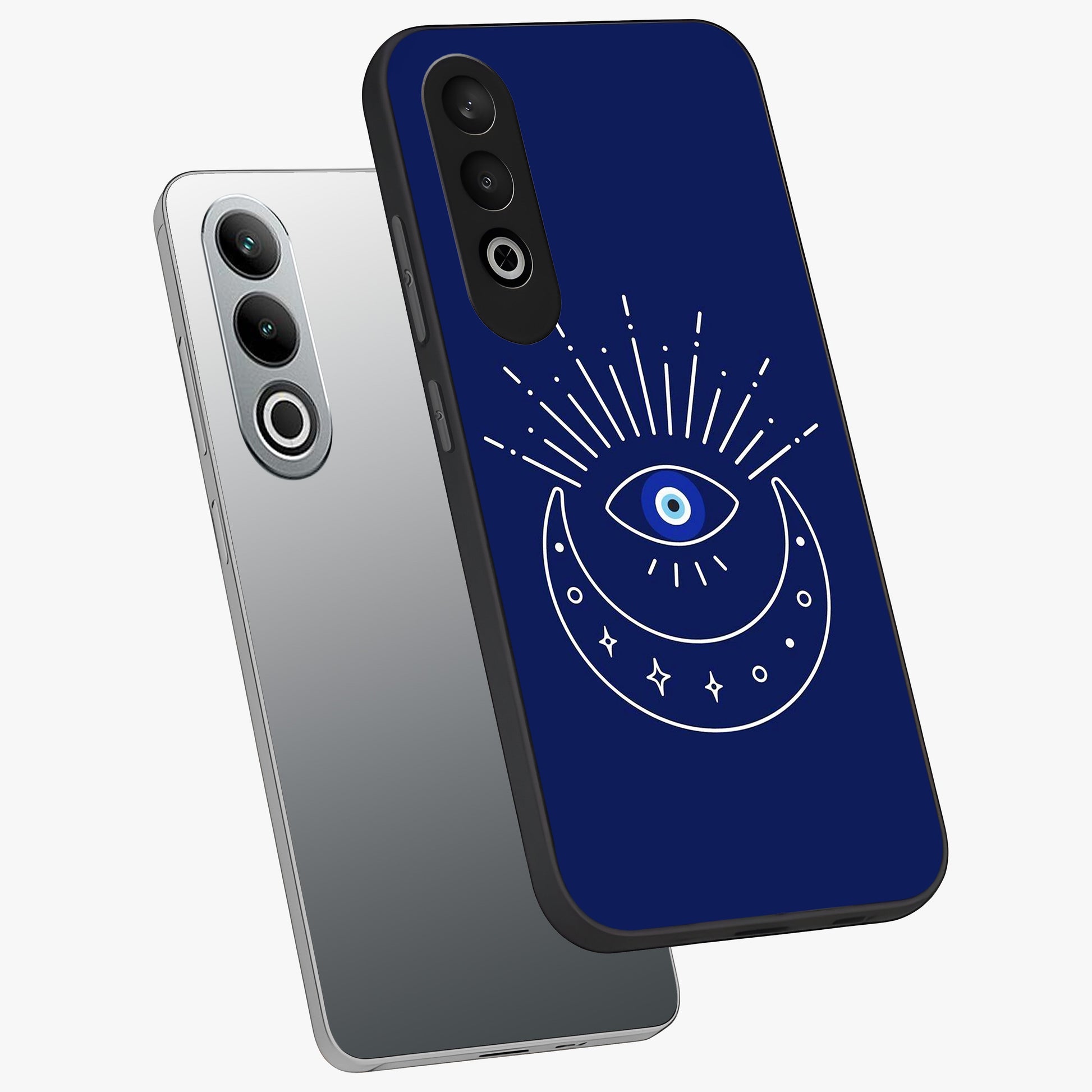 Evil Eye With Blue Themed Collage Glass Case for 1+Nord CE 4 angled mockup showcasing glossy finish and layered blue textures
