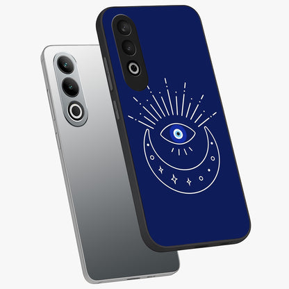 Evil Eye With Blue Themed Collage Glass Case for 1+Nord CE 4 angled mockup showcasing glossy finish and layered blue textures