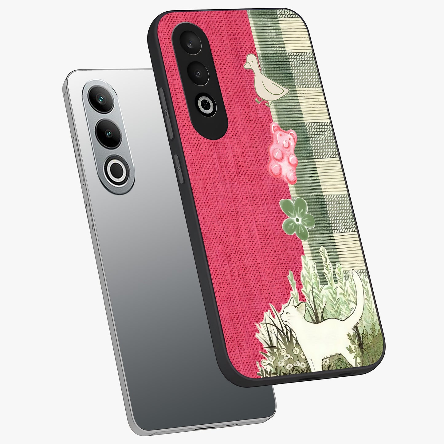 Fabric Patterns Glass Case for 1+Nord CE 4 angled mockup showcasing glossy finish and intricate fabric detailing