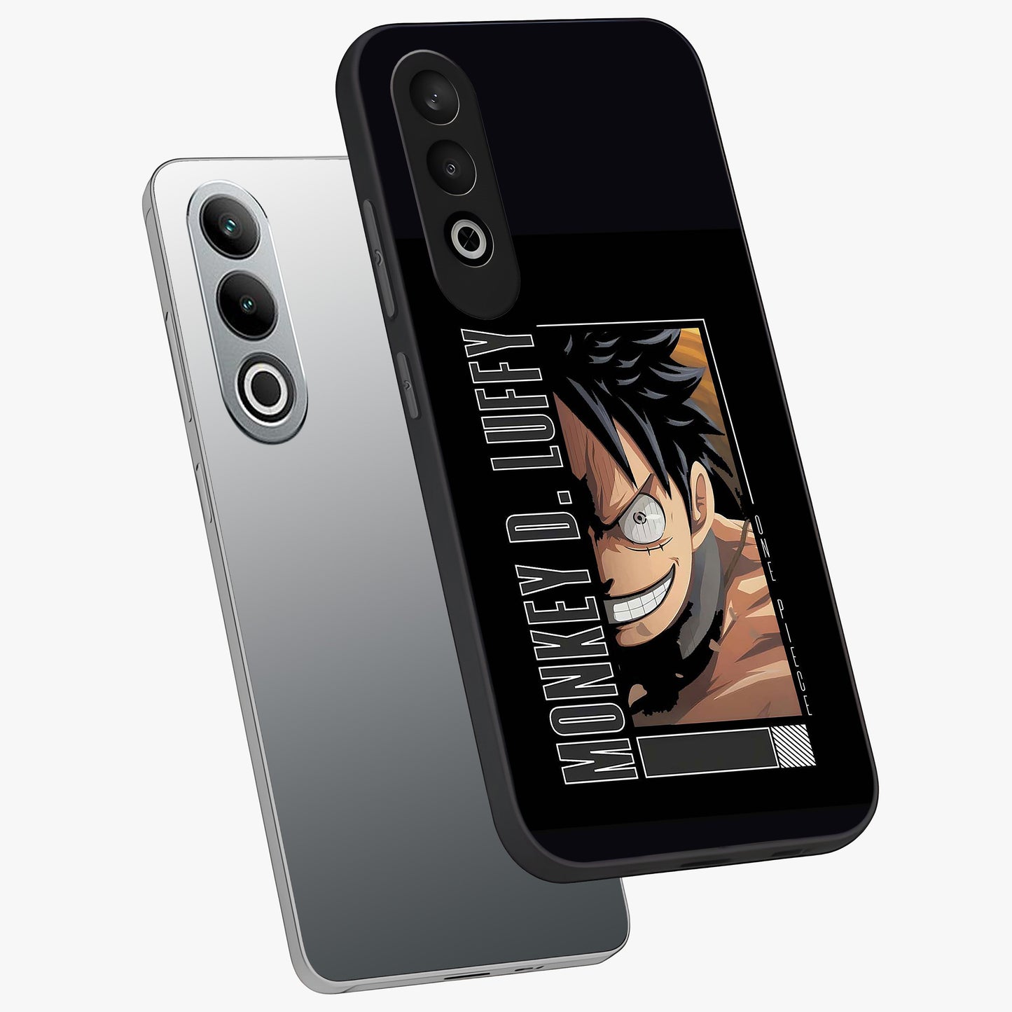 Fearless Pirate Smile Glass Case for 1+Nord CE 4 angled mockup showcasing glossy finish and dark adventurous tones
