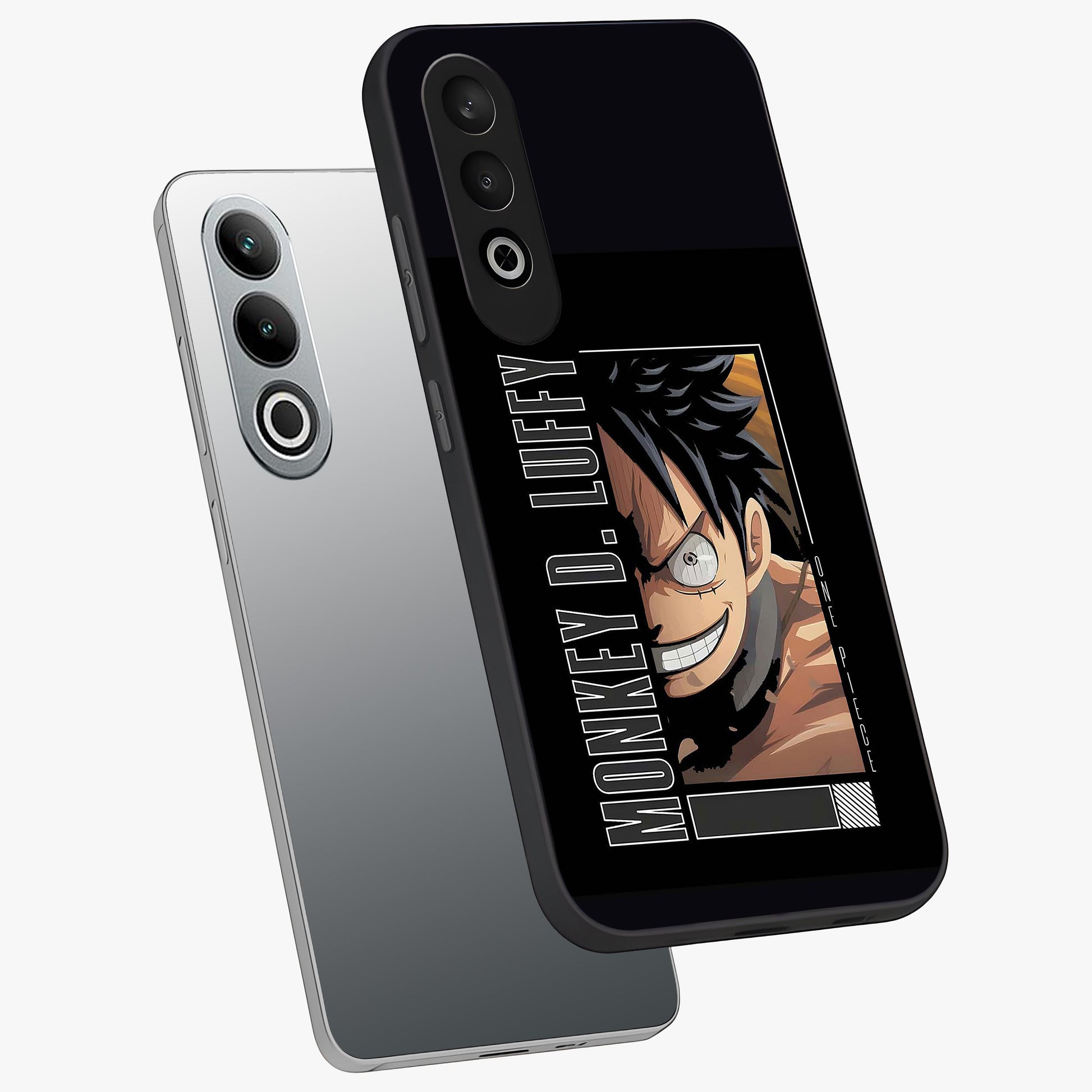 Fearless Pirate Smile Glass Case for 1+Nord CE 4 angled mockup showcasing glossy finish and dark adventurous tones