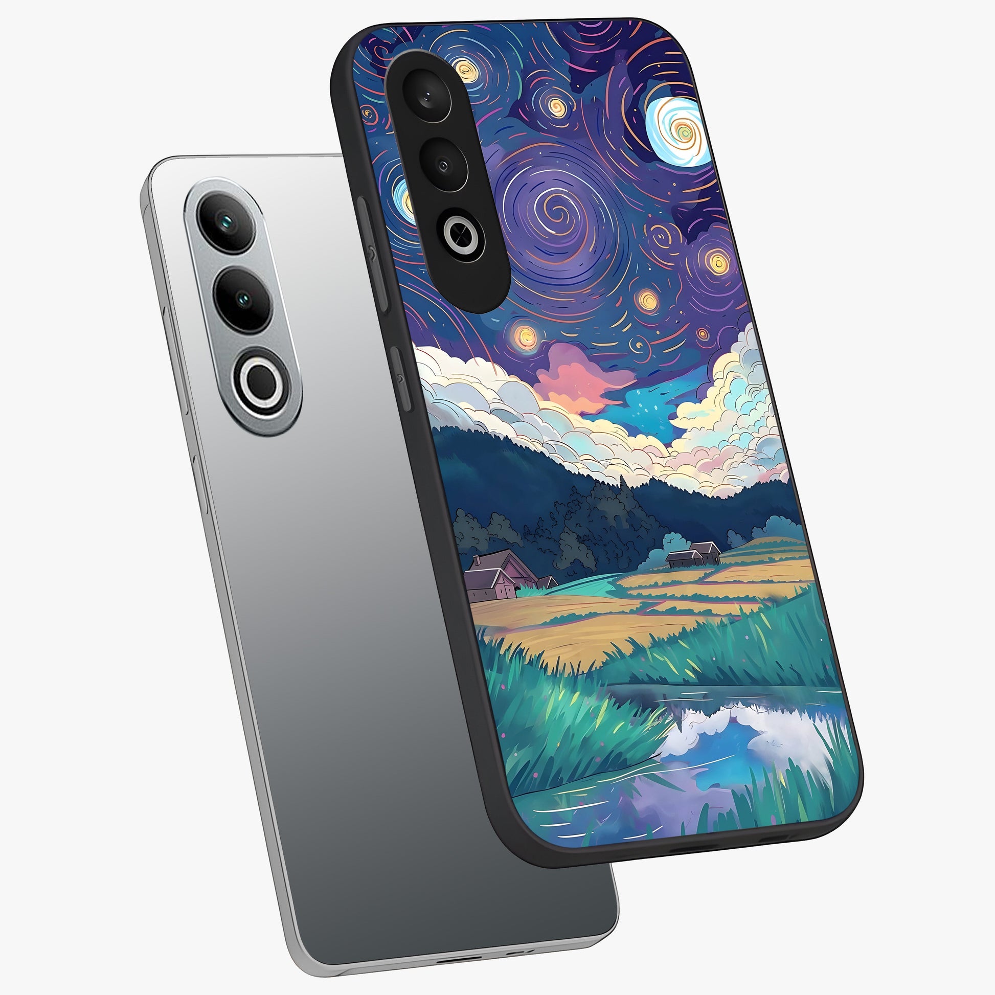 Fields Beneath the Cosmos Glass Case for 1+Nord Ce 4 angled mockup showcasing glossy finish and deep celestial gradients