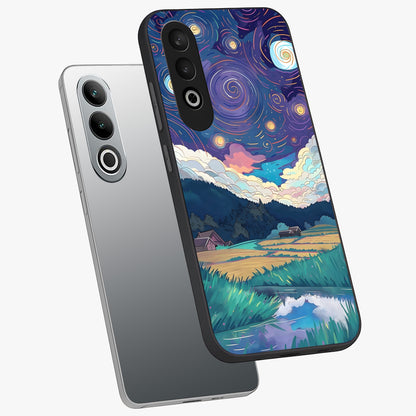 Fields Beneath the Cosmos Glass Case for 1+Nord Ce 4 angled mockup showcasing glossy finish and deep celestial gradients