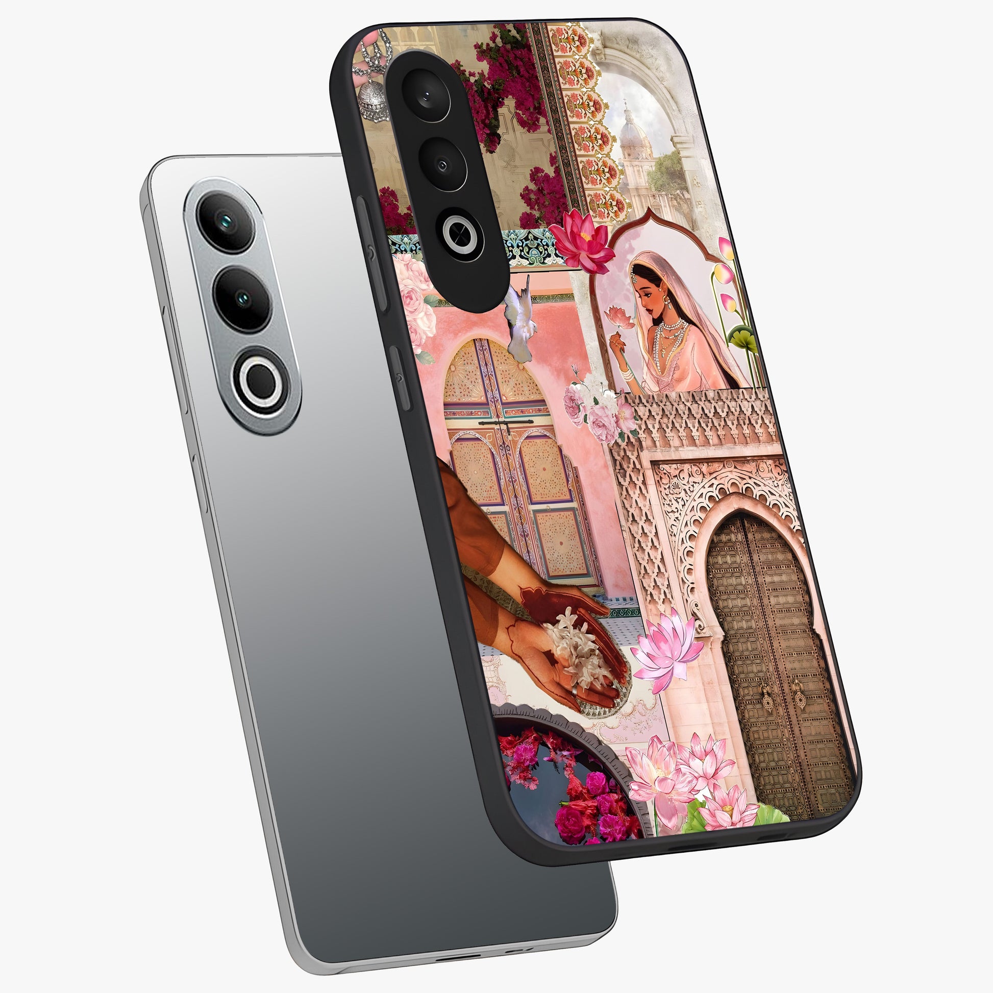 Floral Courtyard Muse Glass Case for 1+Nord CE 4 angled mockup showcasing glossy finish and delicate bloom detailing