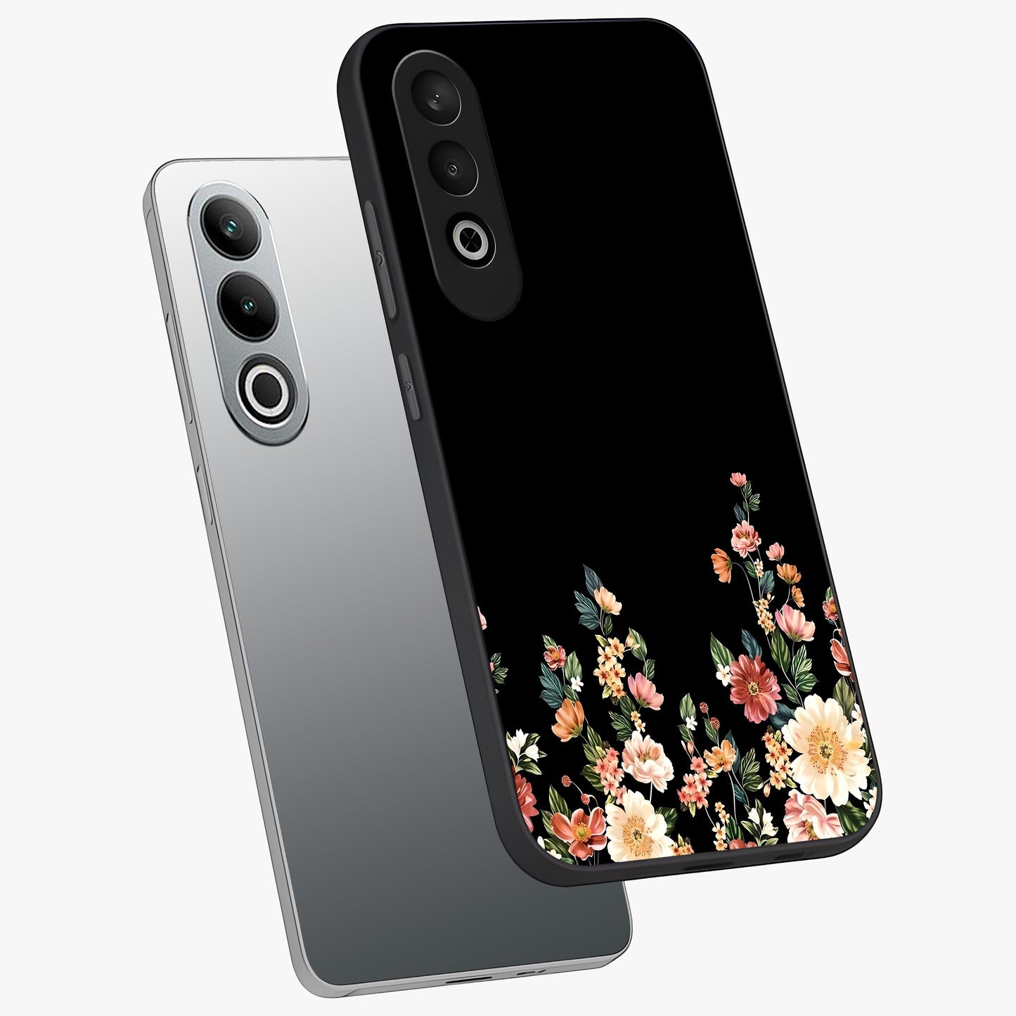 Floral Design With a Custom Personalized Name Glass Case for 1+Nord CE 4 angled mockup showcasing glossy finish and elegant bloom detailing