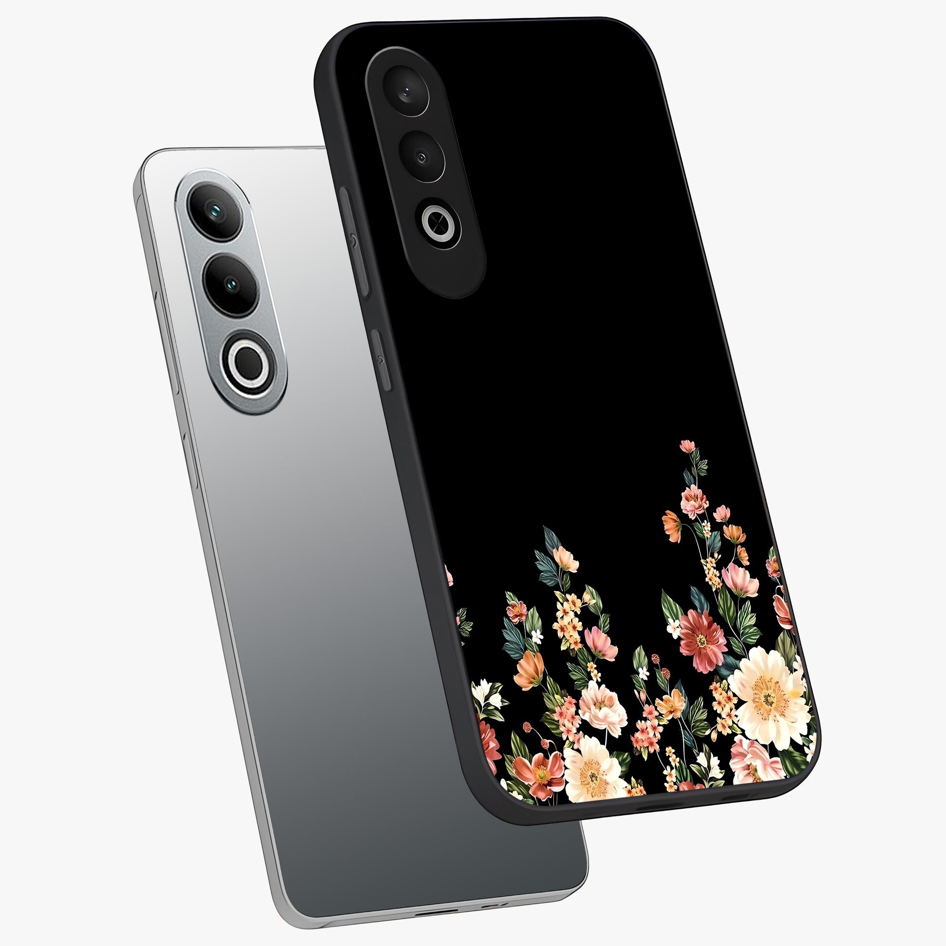 Floral Design With a Custom Personalized Name Glass Case for 1+Nord CE 4 angled mockup showcasing glossy finish and elegant bloom detailing