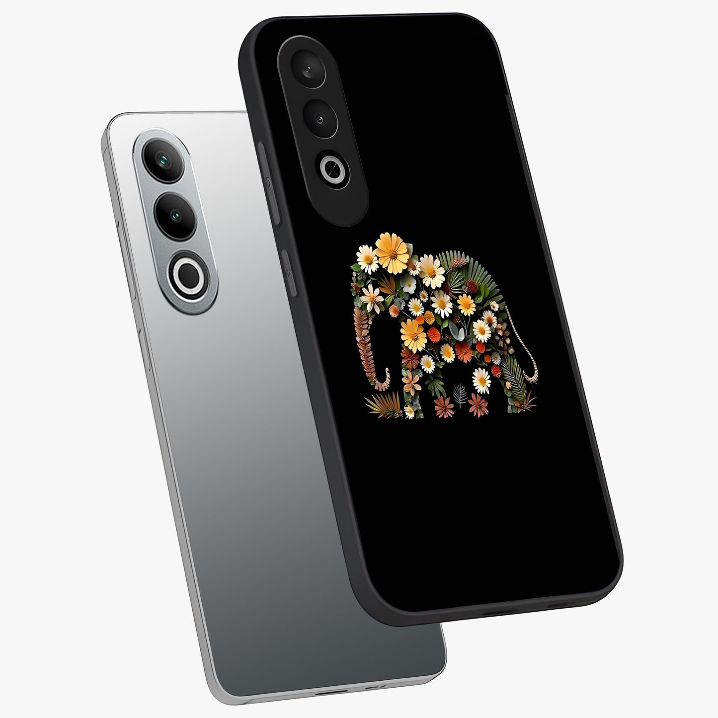 Floral Elephant Glass Case for 1+Nord Ce 4 angled mockup showcasing glossy finish and vibrant cultural tones