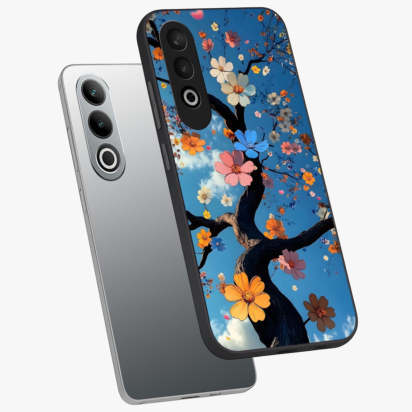 Floral Tree Glass Case for 1+Nord Ce 4 angled mockup showcasing glossy finish and detailed branch textures