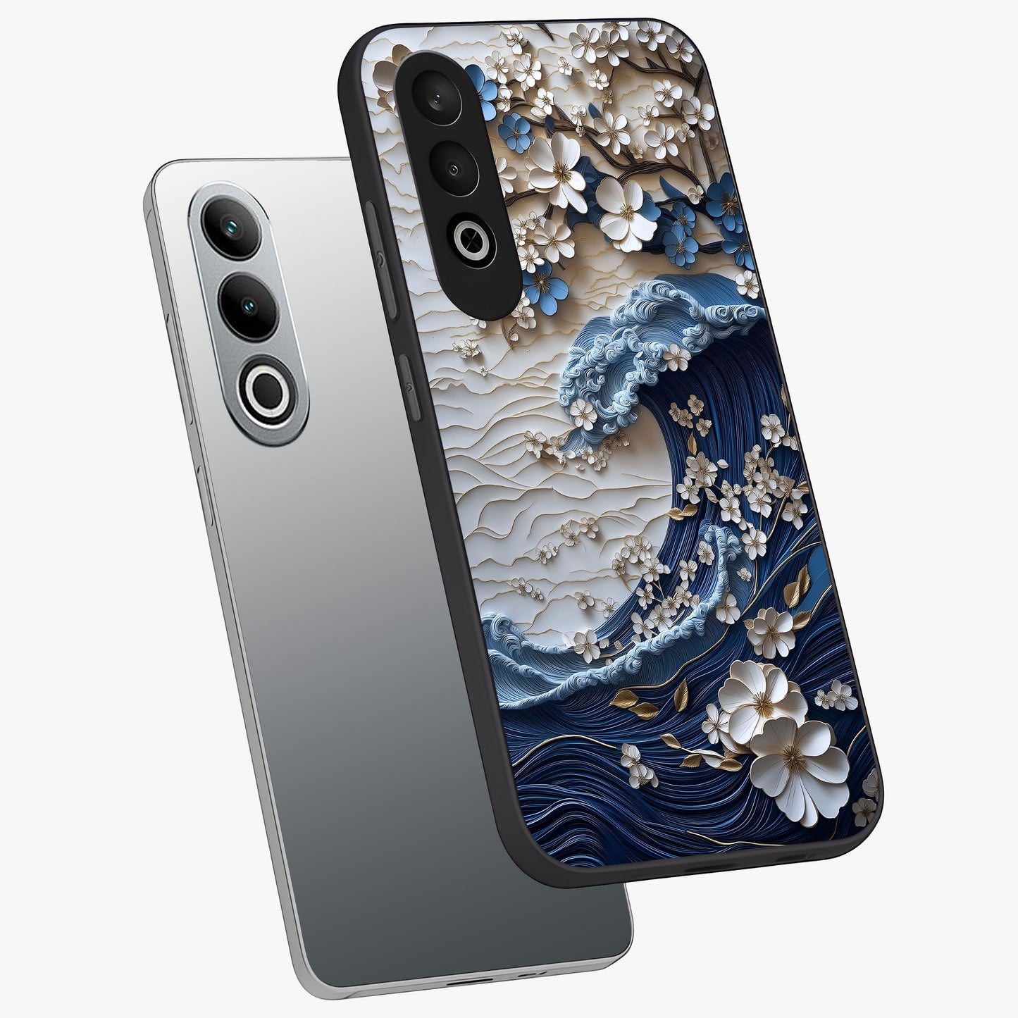 Floral Wave Origami Glass Case for 1+Nord CE 4 angled mockup showcasing glossy glass finish and geometric bloom detailing
