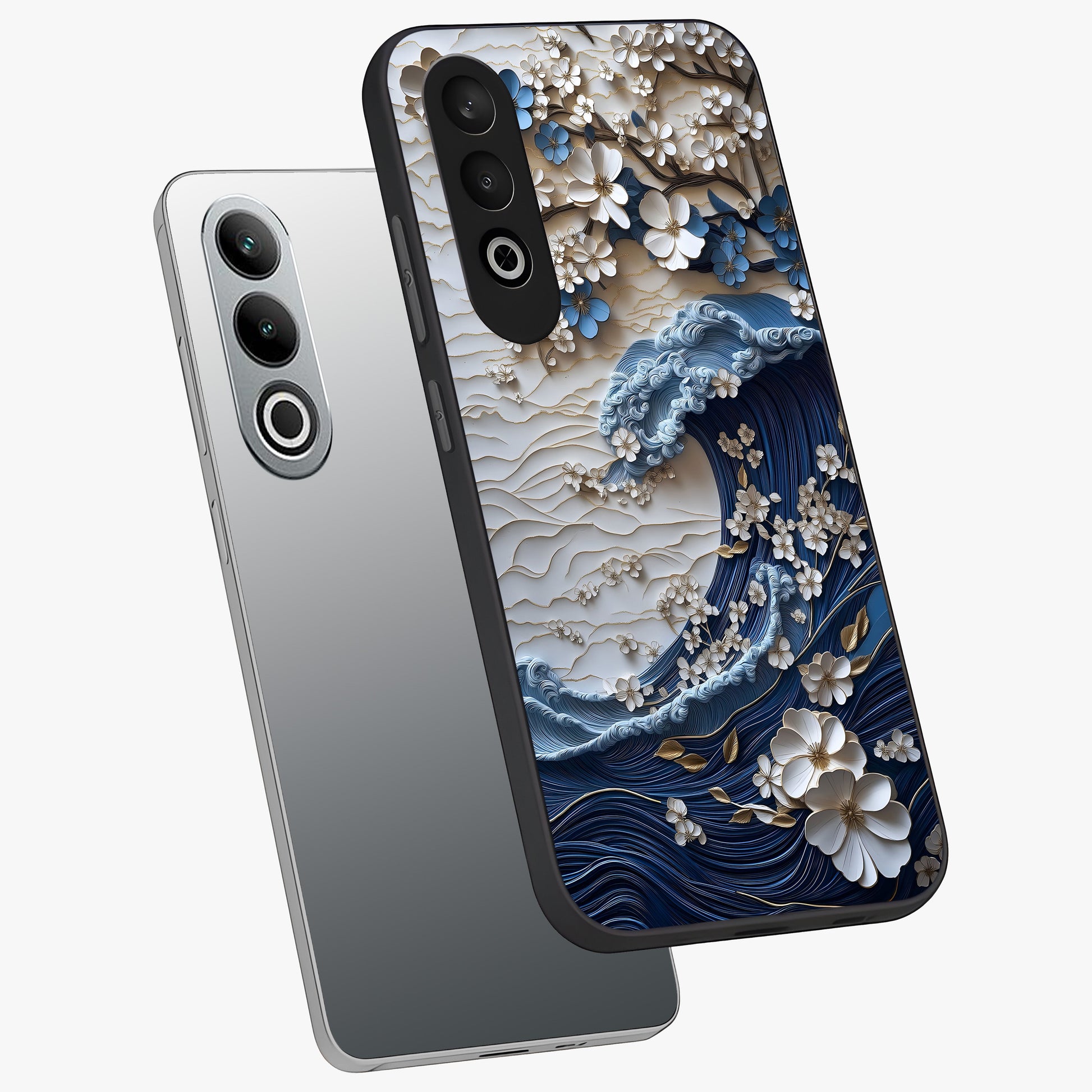 Floral Wave Origami Glass Case for 1+Nord CE 4 angled mockup showcasing glossy glass finish and geometric bloom detailing