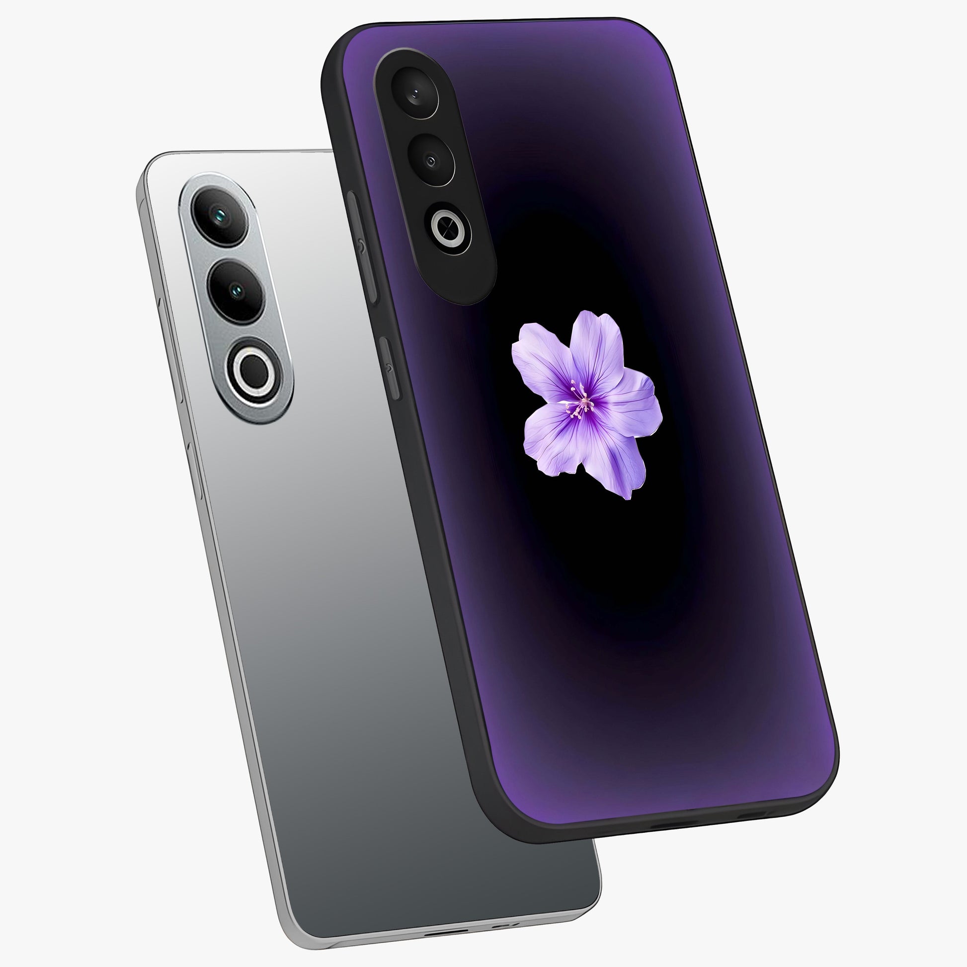 Flower on Soft Violet Gradient Glass Case for 1+Nord Ce 4 angled mockup showcasing glossy finish and pastel purple tones