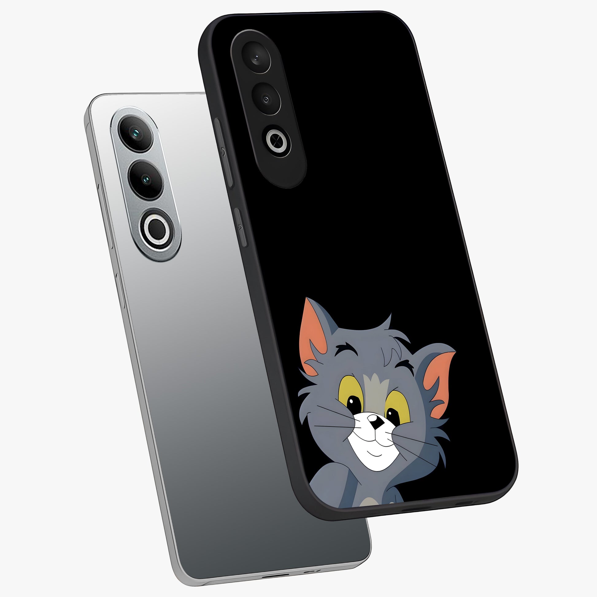 Forever Chasing Love Tom Glass Case for 1+Nord CE 4 angled mockup showcasing glossy finish and lively cartoon detailing
