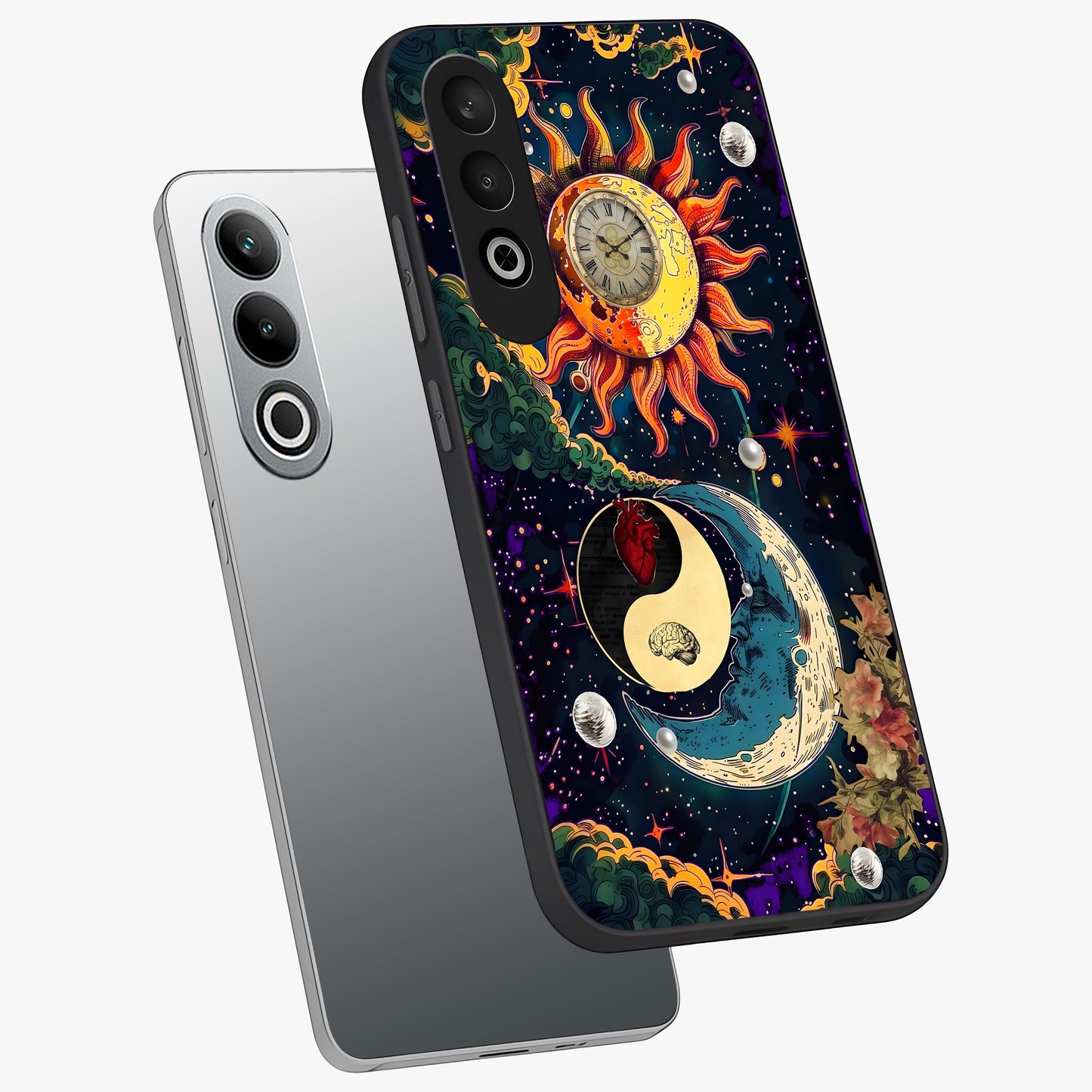 Future Universe Glass Case for 1+Nord CE 4 angled mockup showcasing glossy finish and vibrant space tones