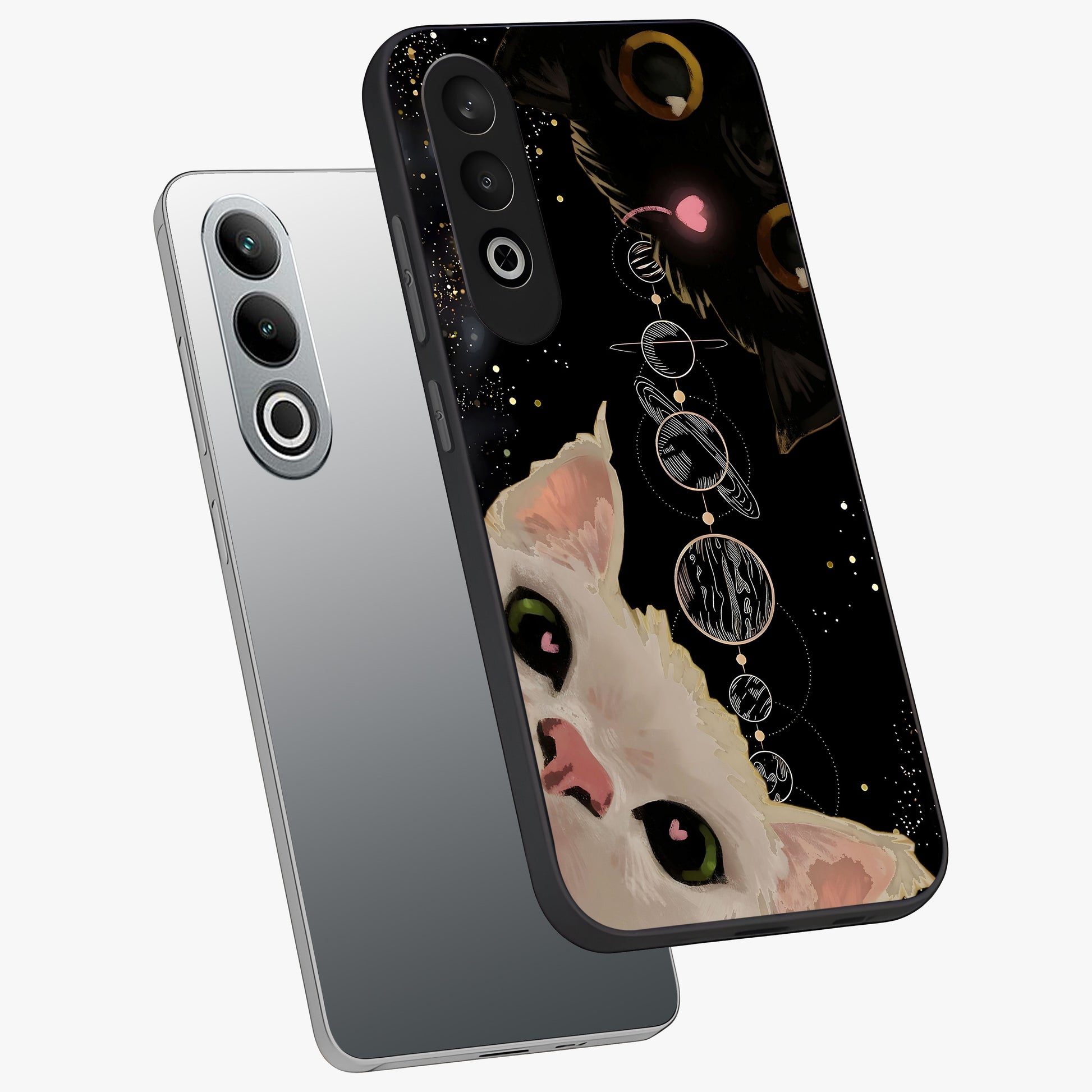 Galactic Cat Glass Case for 1+Nord Ce 4 angled mockup showcasing glossy finish and luminous space detailing