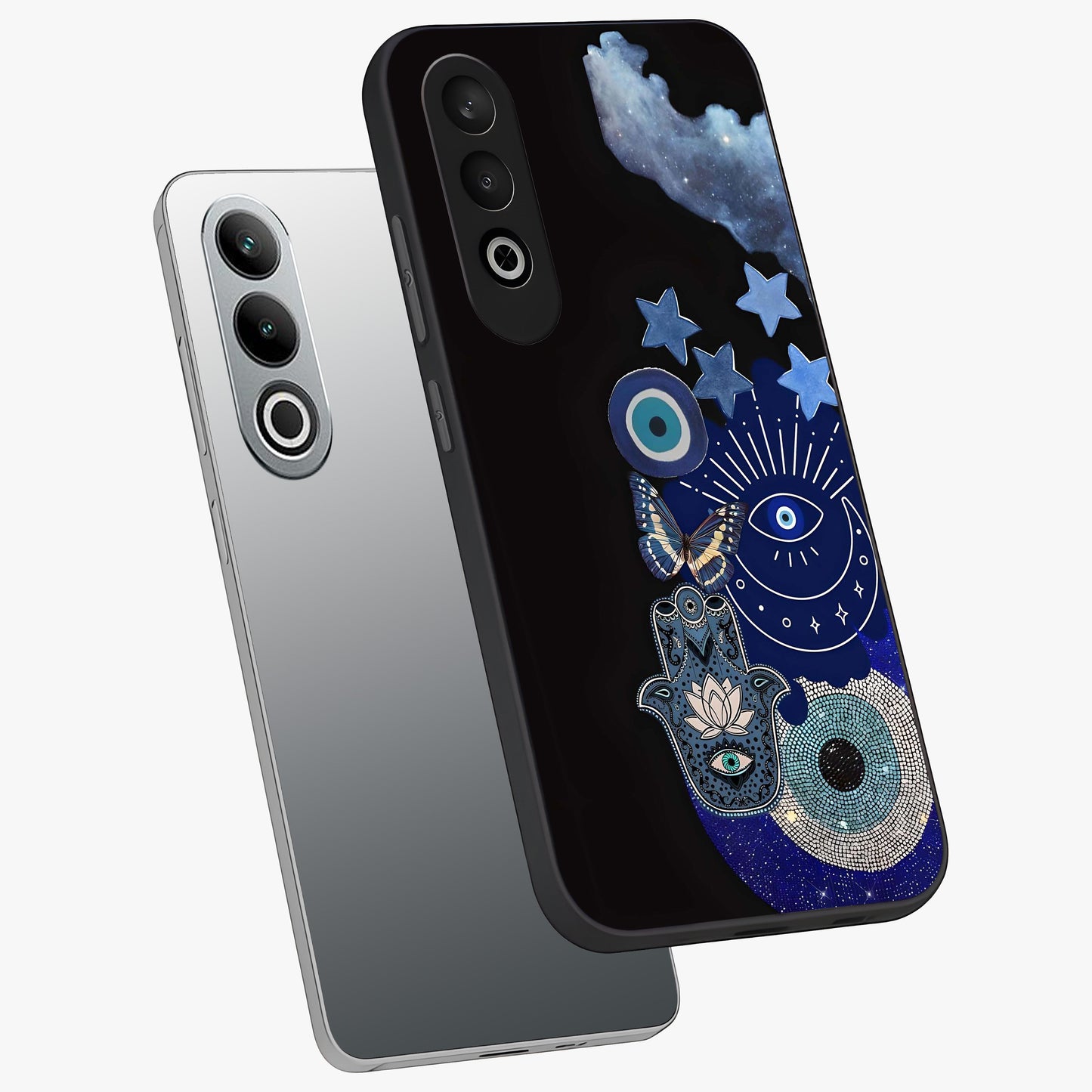 Galactic Charm Cluster Glass Case for 1+Nord Ce 4 angled mockup showcasing glossy finish and vibrant star detailing