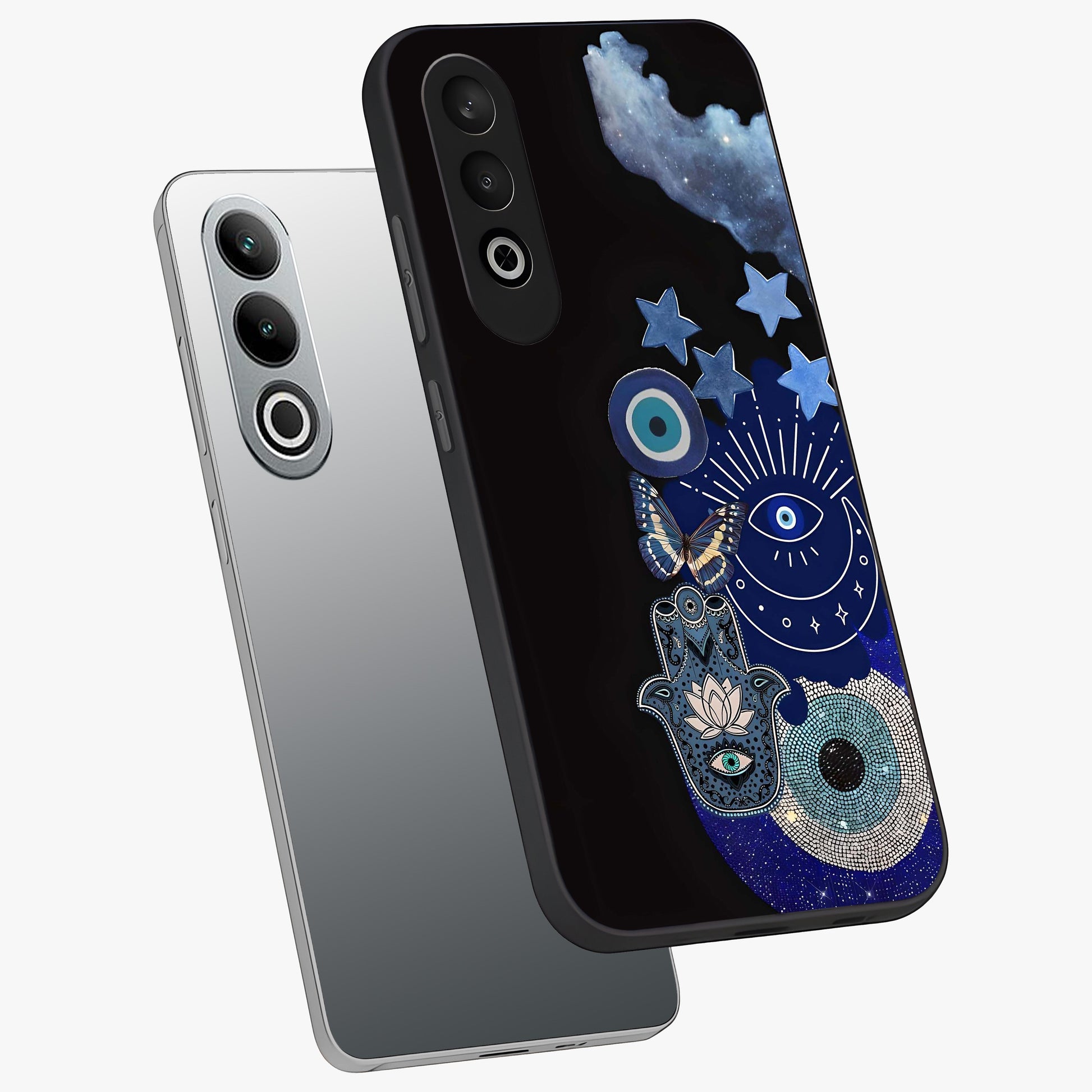 Galactic Charm Cluster Glass Case for 1+Nord Ce 4 angled mockup showcasing glossy finish and vibrant star detailing