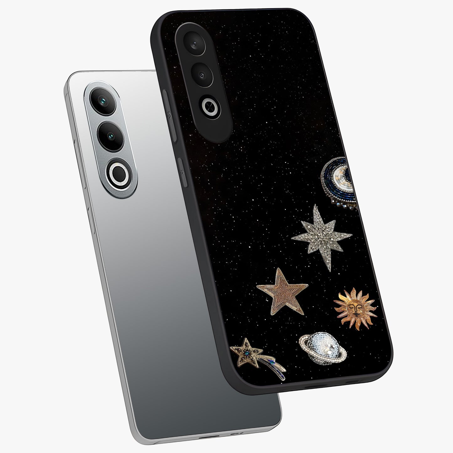 Galactic Charm Glow Glass Case for 1+Nord Ce 4 angled mockup showcasing glossy glass finish and luminous galaxy tones