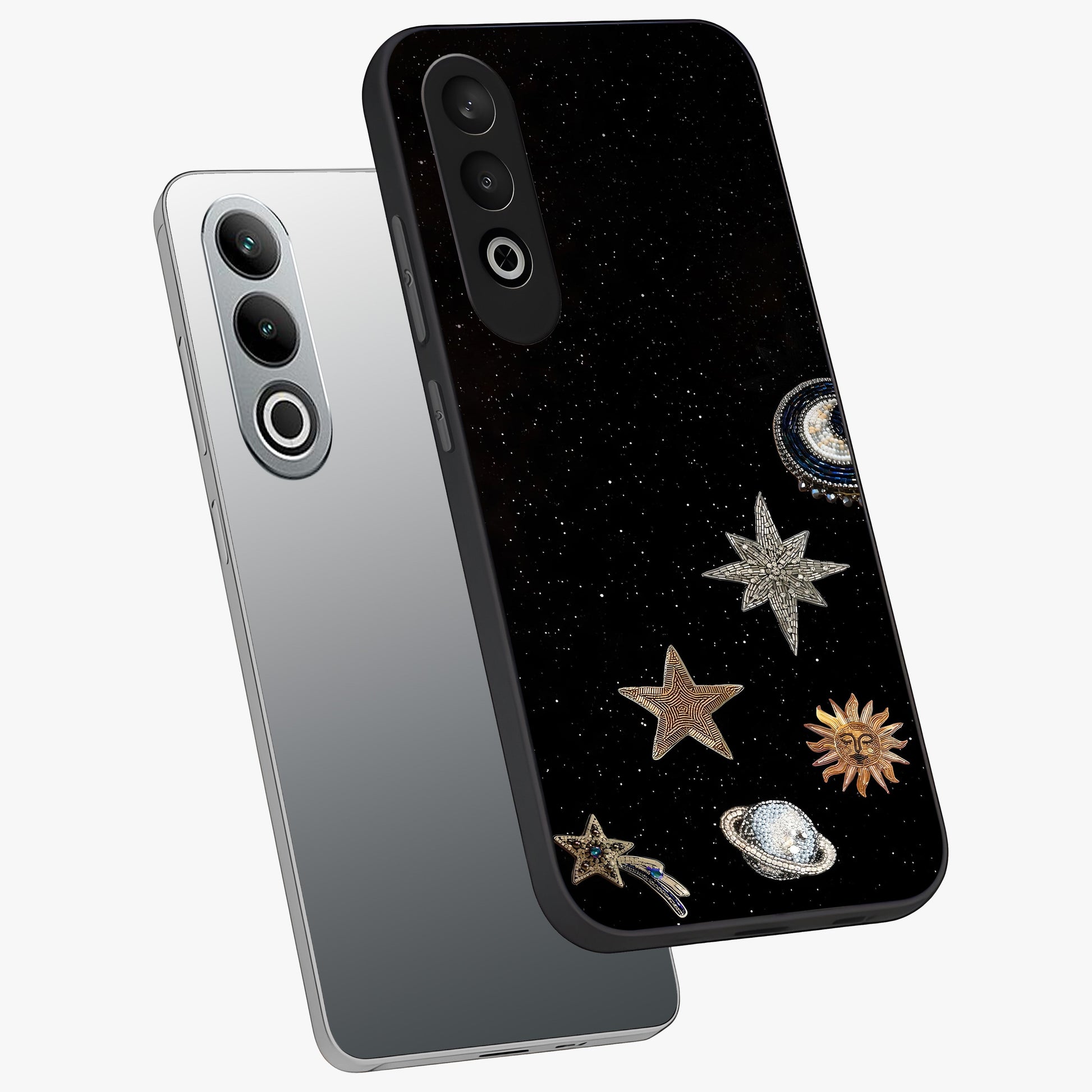 Galactic Charm Glow Glass Case for 1+Nord Ce 4 angled mockup showcasing glossy glass finish and luminous galaxy tones