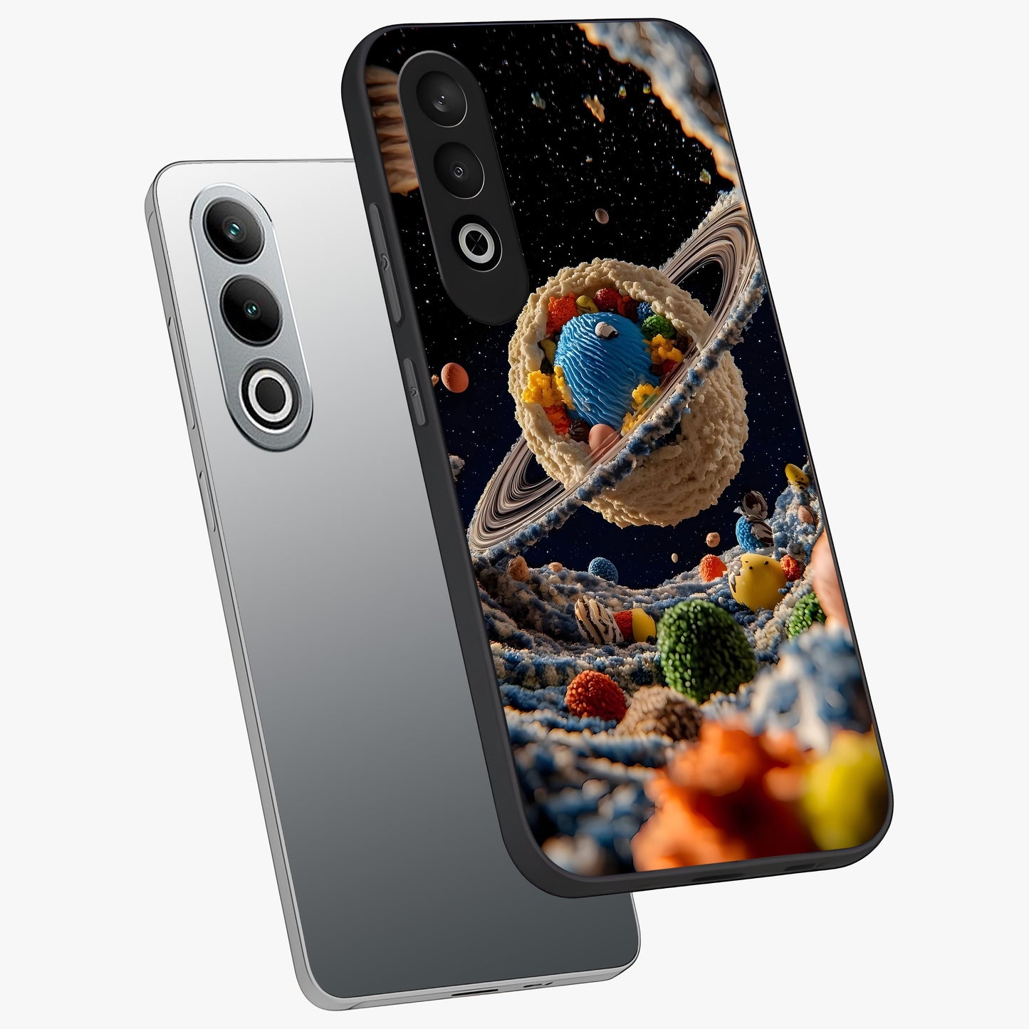 Galactic Dessert Dream Printed Glass Case for 1+Nord Ce 4 angled mockup showcasing glossy finish and colorful galaxy tones
