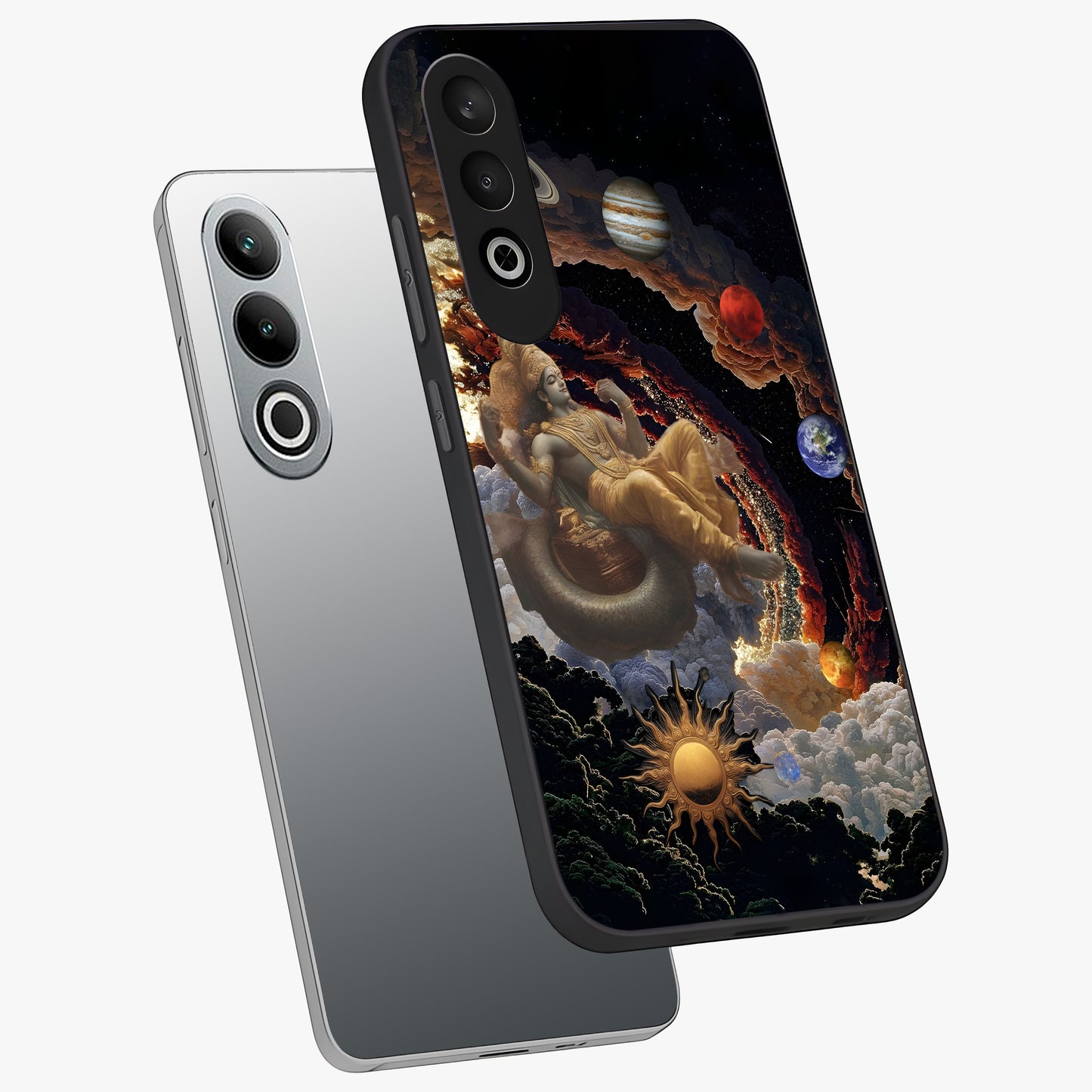 Galactic Divine God Glass Case for 1+Nord CE 4 angled mockup showcasing glossy finish and celestial spiritual tones