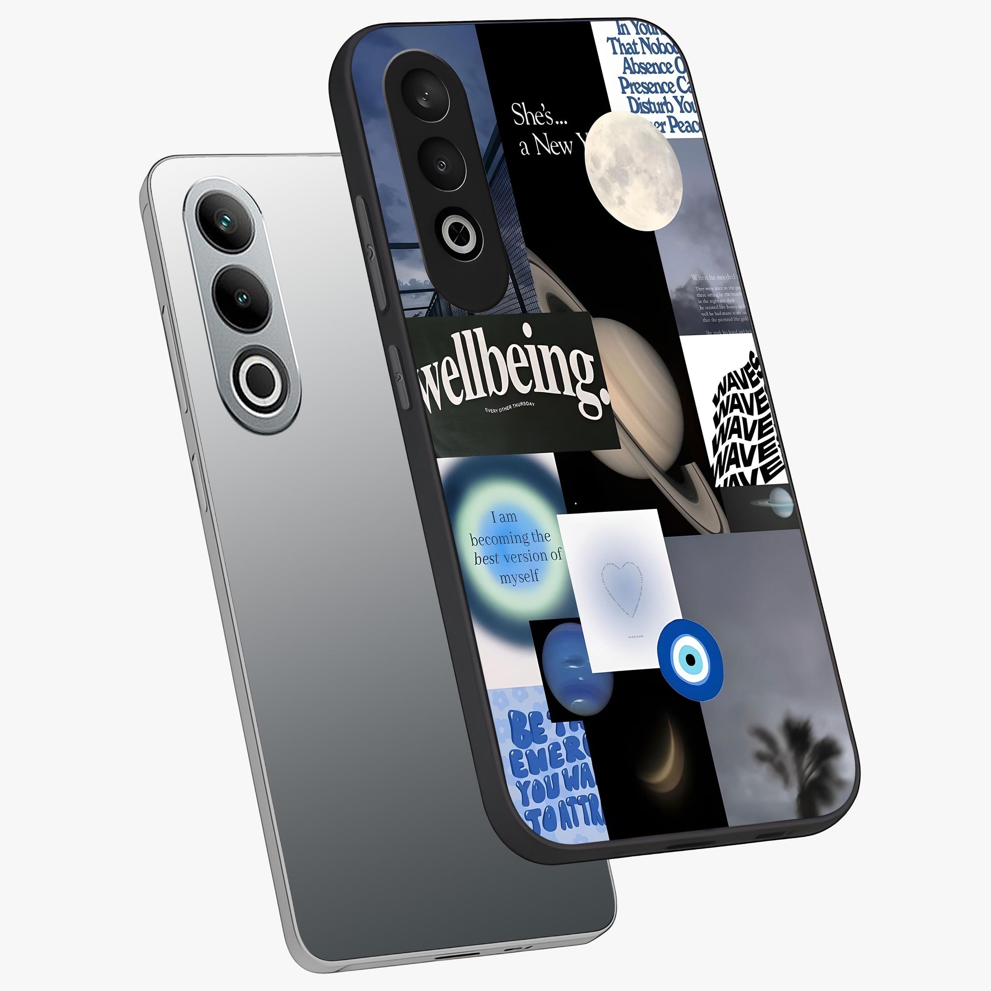 Galactic Energy Collage Glass Case for 1+Nord CE 4 angled mockup showcasing glossy finish and vibrant space textures