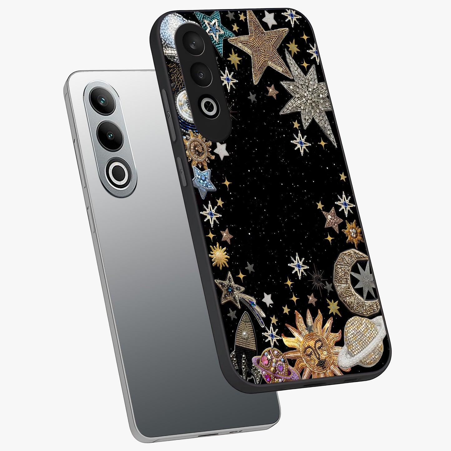 Galactic Jewel Stars Glass Case for 1+Nord CE 4 angled mockup showcasing glossy finish and radiant cosmic tones