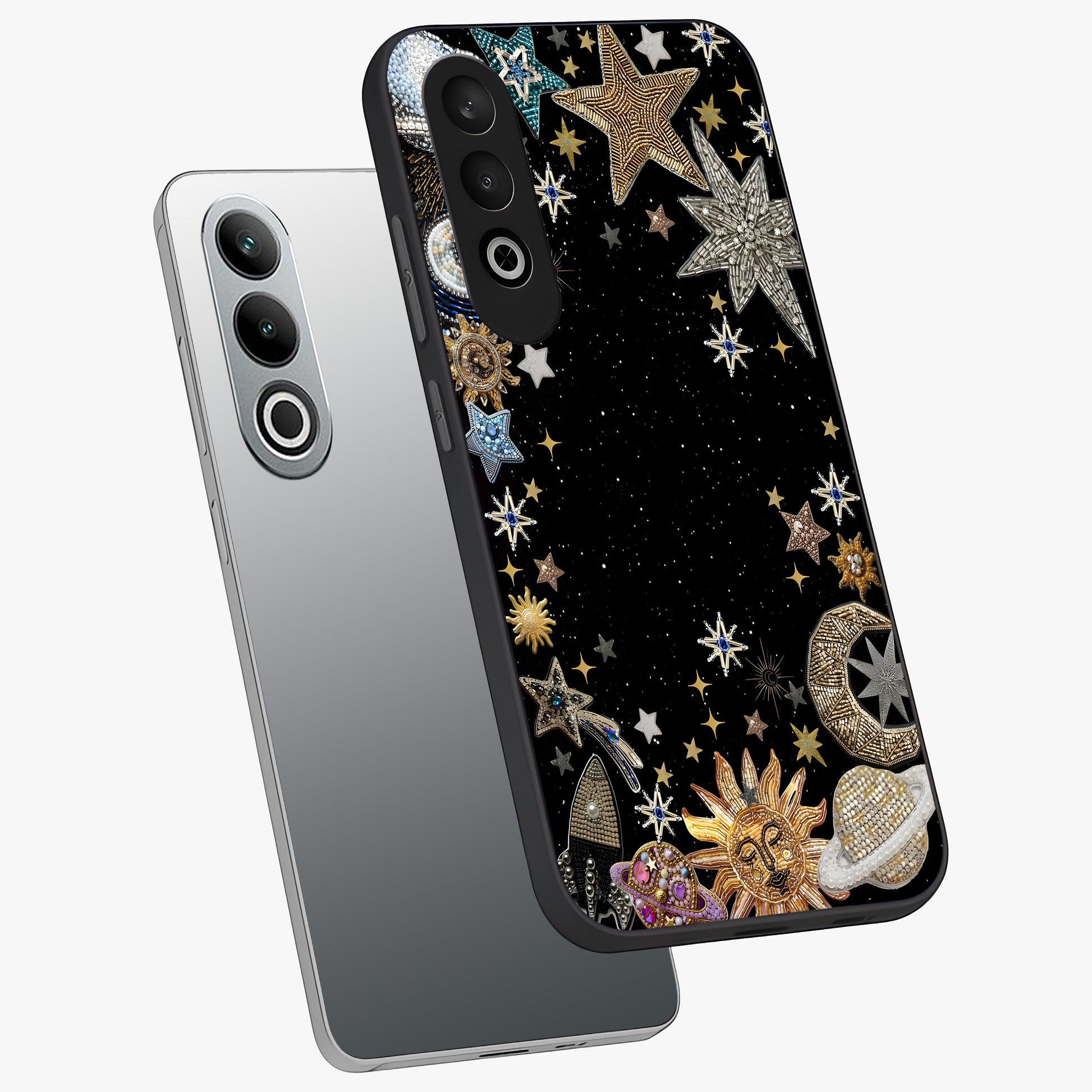 Galactic Jewel Stars Glass Case for 1+Nord CE 4 angled mockup showcasing glossy finish and radiant cosmic tones