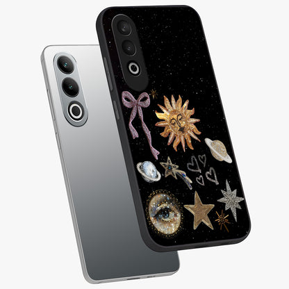 Galactic Sun Charm Glass Case for 1+Nord Ce 4 angled mockup showcasing glossy finish and warm galaxy tones