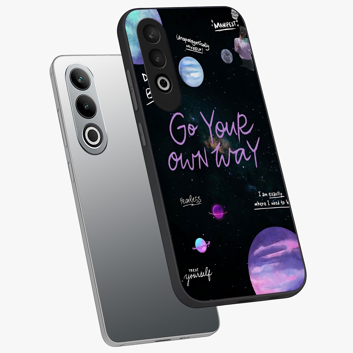 Galactic Vibes Universe Glass Case for 1+Nord Ce 4 angled mockup showcasing glossy finish and deep space gradients