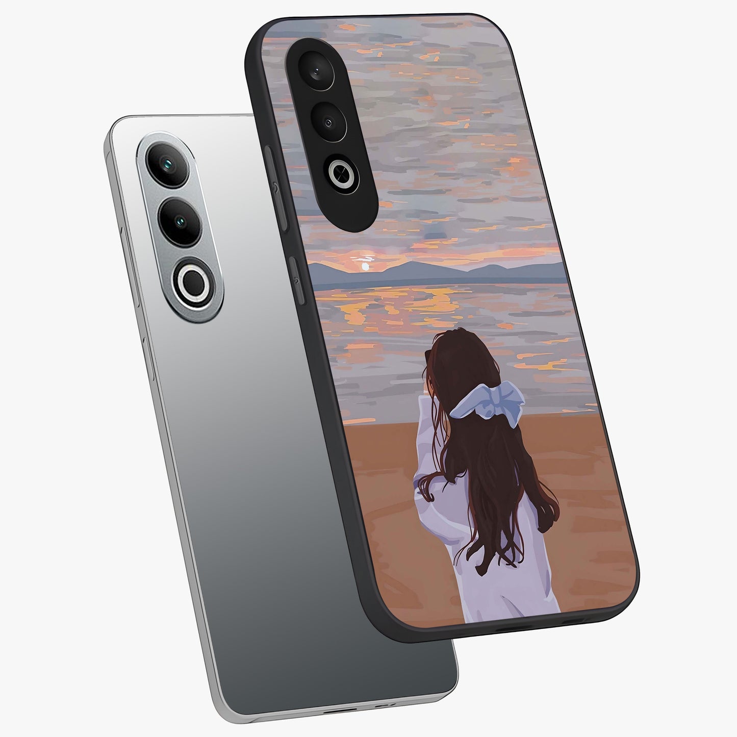 Girl Facing Sunset Beach Glass Case for 1+Nord CE 4 angled mockup showcasing glossy glass finish and warm beach tones