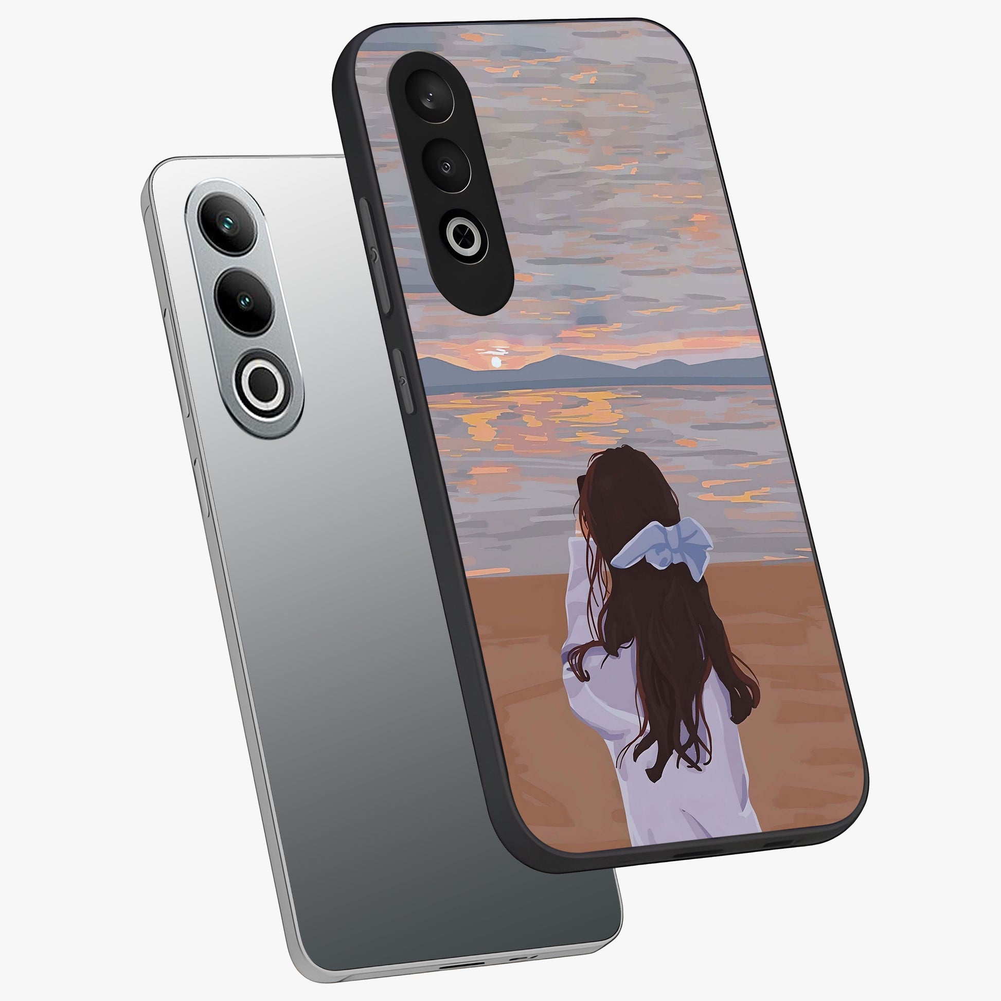 Girl Facing Sunset Beach Glass Case for 1+Nord CE 4 angled mockup showcasing glossy glass finish and warm beach tones