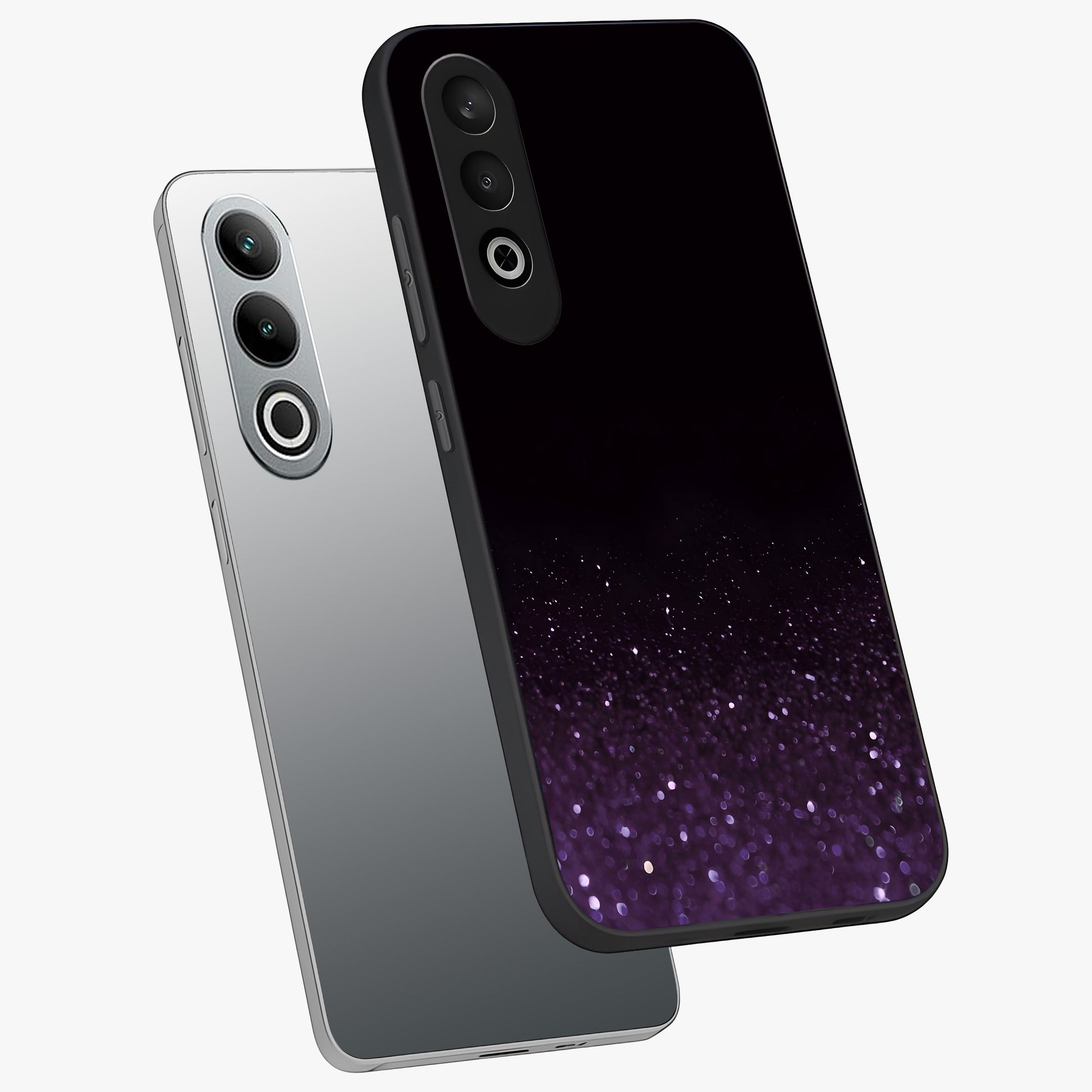 Glittery Purple Bokeh Glass Case for 1+Nord CE 4 angled mockup showcasing glossy finish and luminous shimmer tones