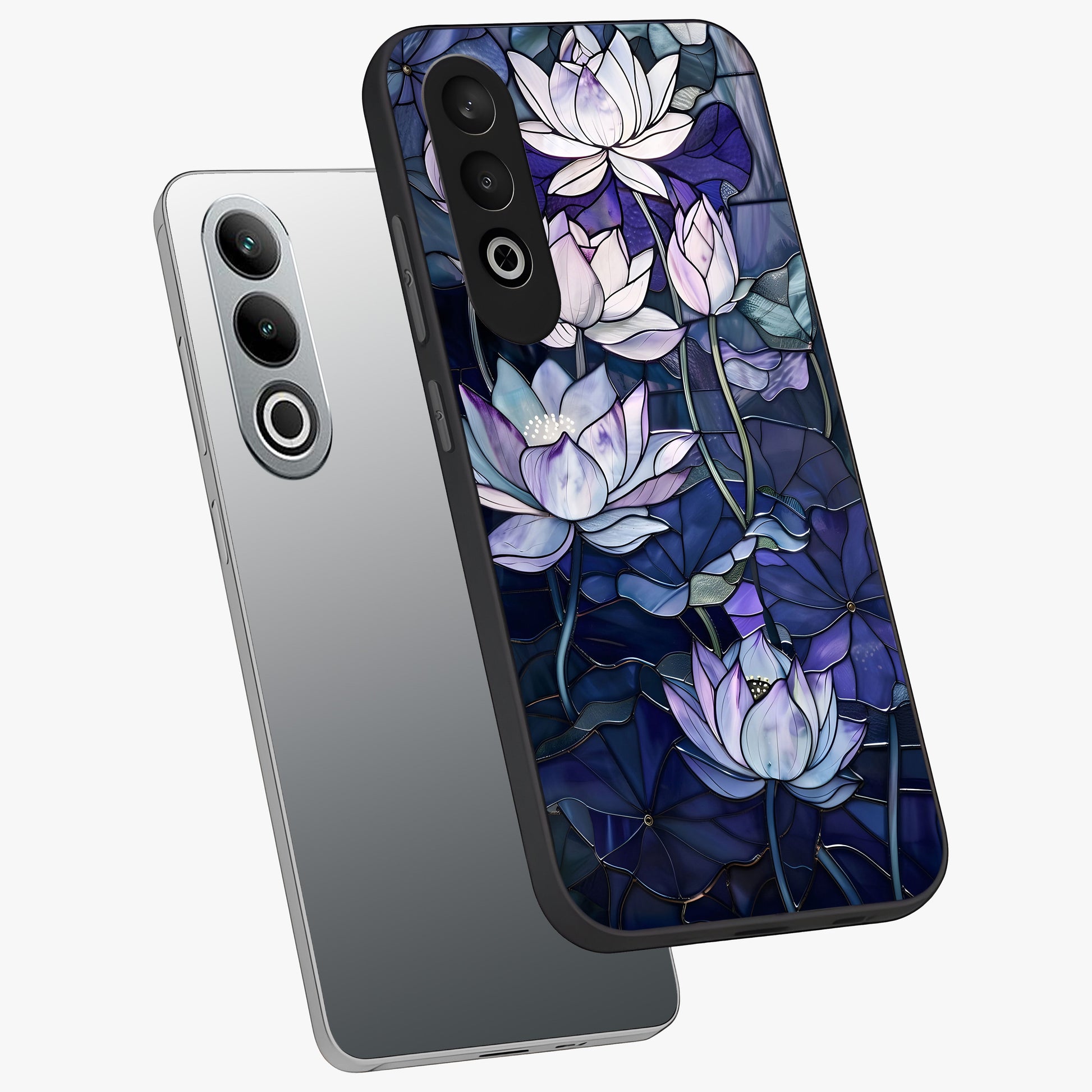 Gloss Petal Rush Glass Case for 1+Nord CE 4 angled mockup showcasing shiny glass finish and vibrant bloom detailing