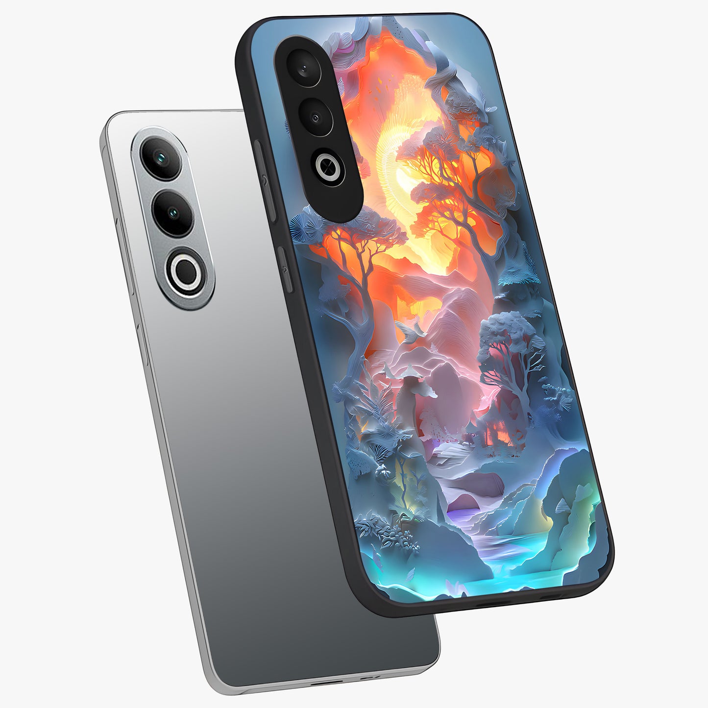 Glow Forest Portal Glass Case for 1+Nord Ce 4 angled mockup showcasing glossy finish and luminous green tones