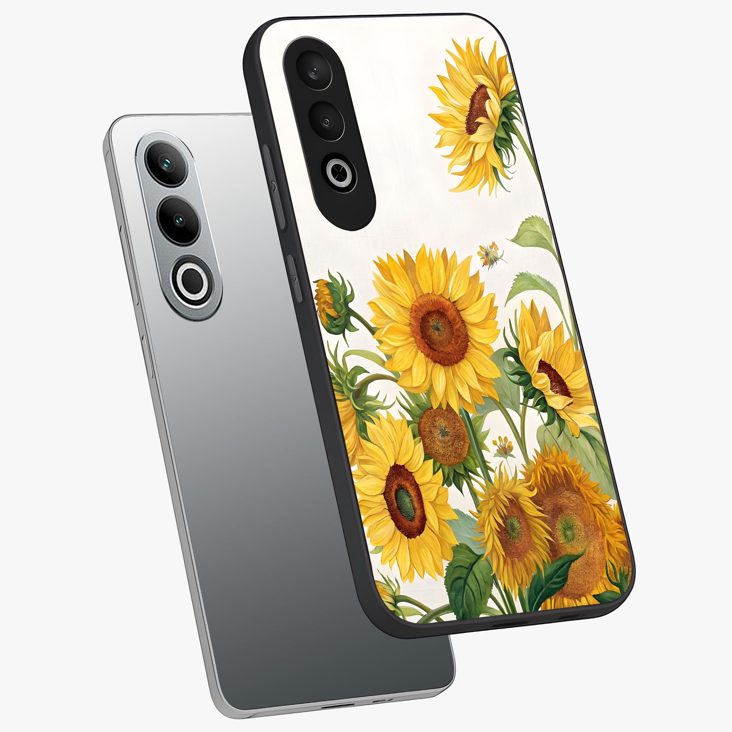 Golden Bloom Fields Glass Case for 1+Nord CE 4 angled mockup showcasing glossy finish and warm golden gradients