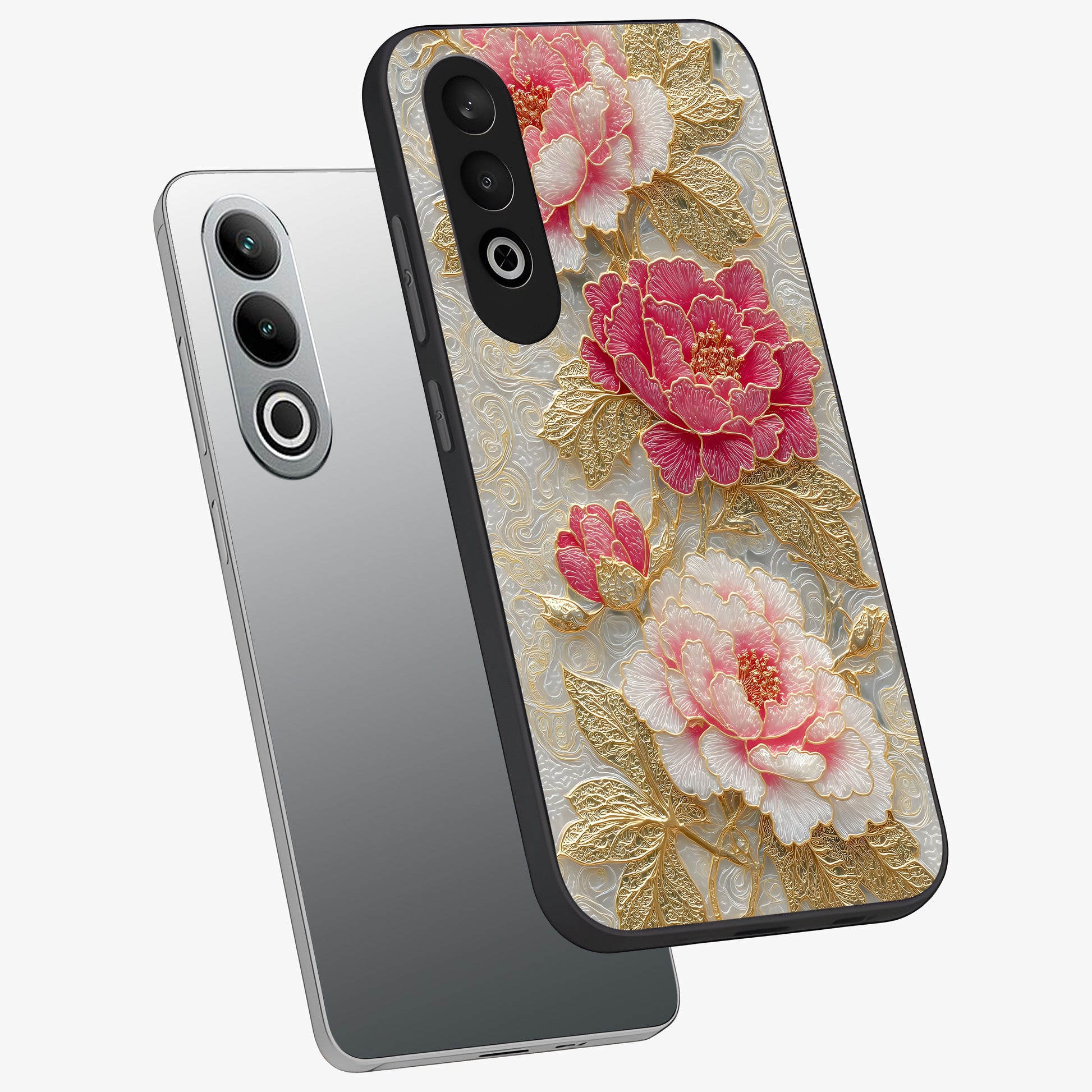 Golden Blossom Elegance Glass Case for 1+Nord CE 4 angled mockup showcasing glossy finish and luxurious bloom tones