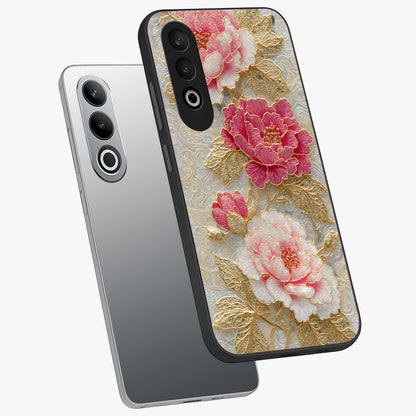 Golden Blossom Elegance Glass Case for 1+Nord CE 4 angled mockup showcasing glossy finish and luxurious bloom tones