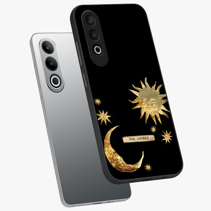 Golden Celestial Charm Glass Case for 1+Nord CE 4 angled mockup showcasing glossy finish and shimmering cosmic tones