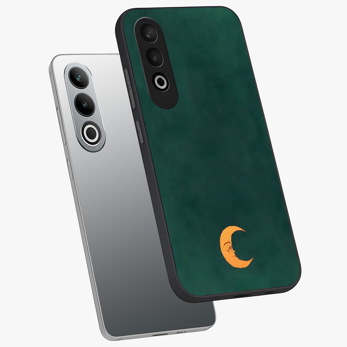 Golden Crescent Mood Glass Case for 1+Nord CE 4 angled mockup showcasing glossy finish and subtle night gradients