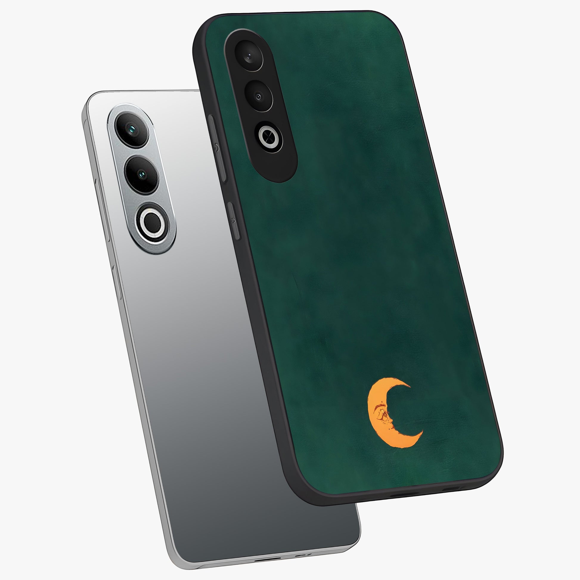 Golden Crescent Mood Glass Case for 1+Nord CE 4 angled mockup showcasing glossy finish and subtle night gradients