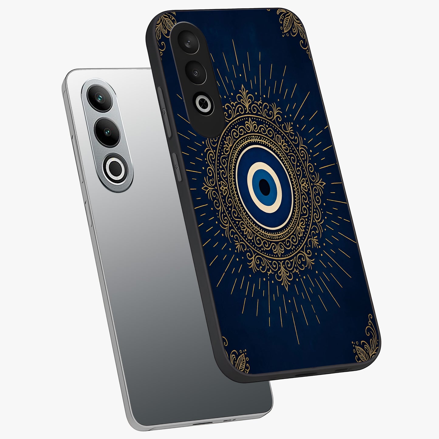 Golden Evil Eye Mandala Glass Case for 1+Nord CE 4 angled mockup showcasing glossy finish and detailed ornamental design