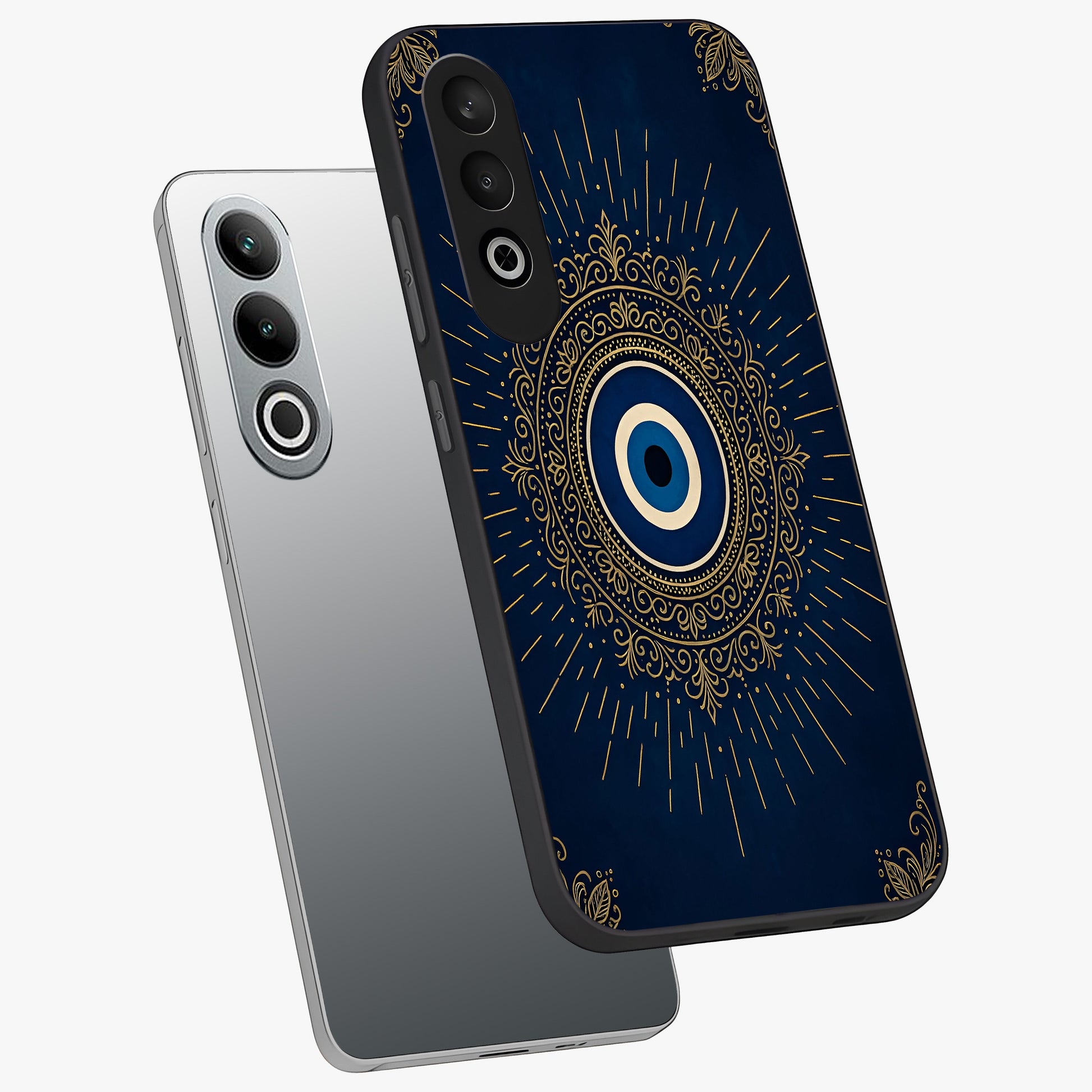 Golden Evil Eye Mandala Glass Case for 1+Nord CE 4 angled mockup showcasing glossy finish and detailed ornamental design