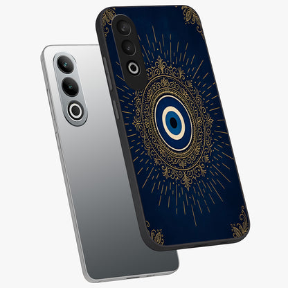 Golden Evil Eye Mandala Glass Case for 1+Nord CE 4 angled mockup showcasing glossy finish and detailed ornamental design