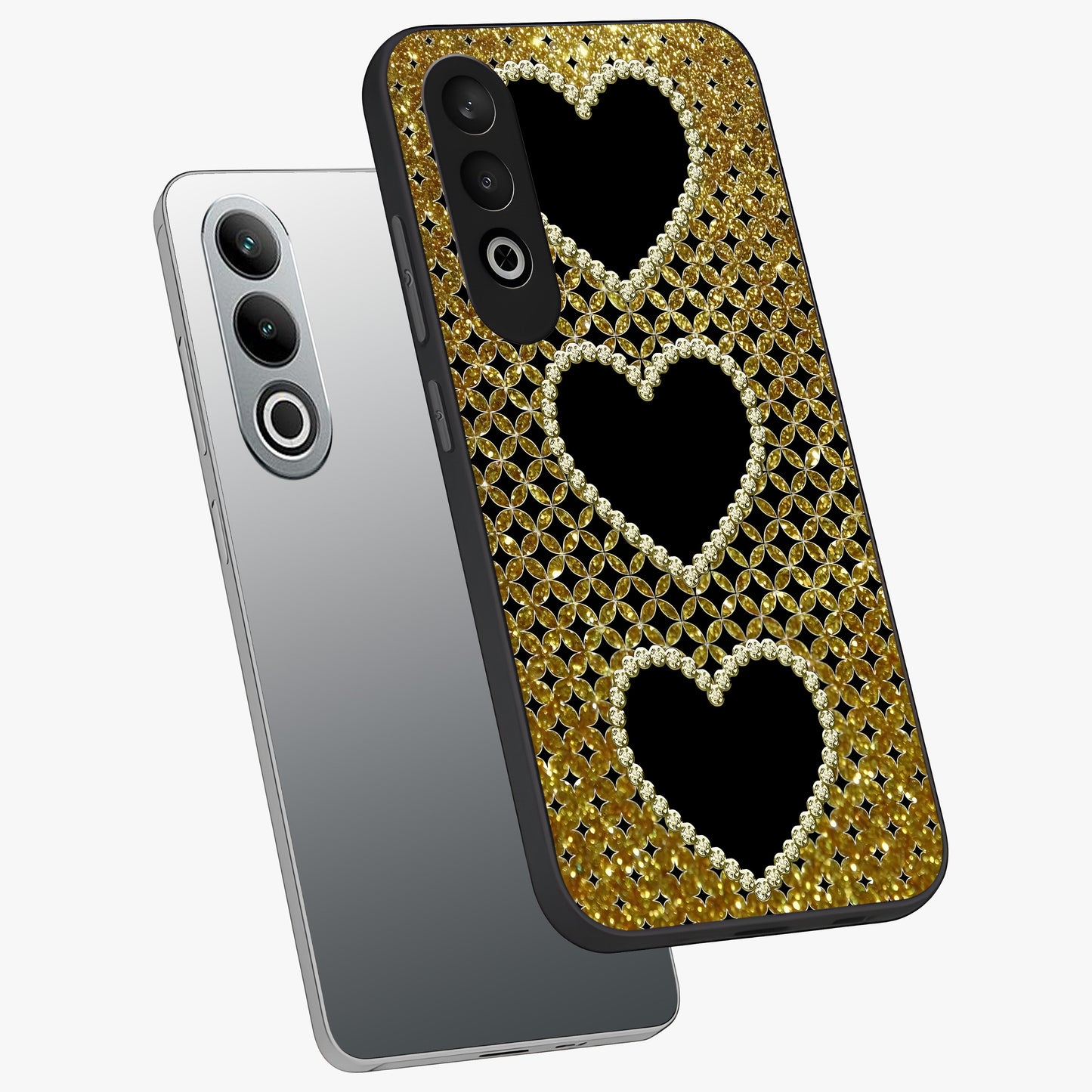 Golden Heart Glow Glass Case for 1+Nord CE 4 angled mockup showcasing glossy finish and radiant warm tones