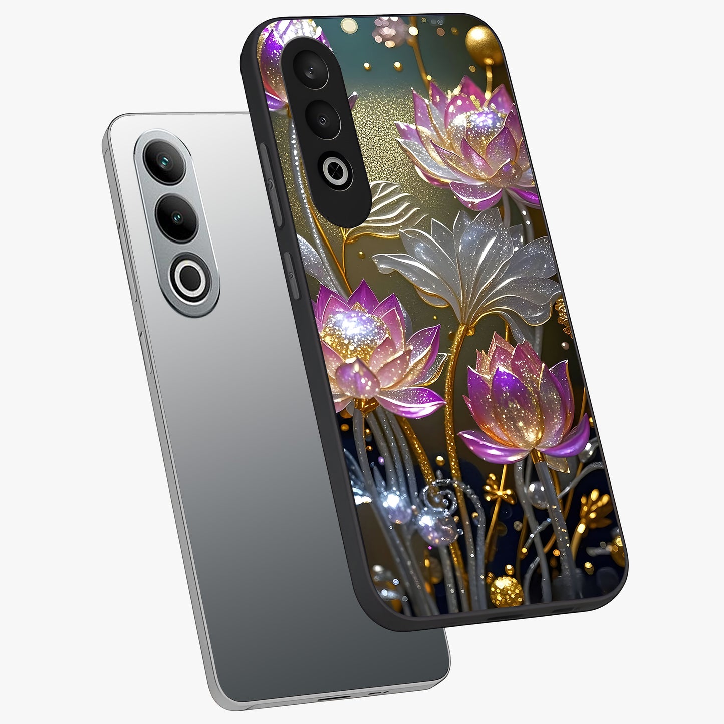 Golden Lotus Glow Glass Case for 1+Nord CE 4 angled mockup showcasing glossy finish and luminous spiritual tones