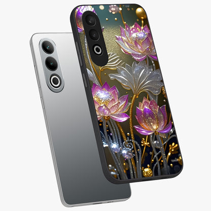Golden Lotus Glow Glass Case for 1+Nord CE 4 angled mockup showcasing glossy finish and luminous spiritual tones