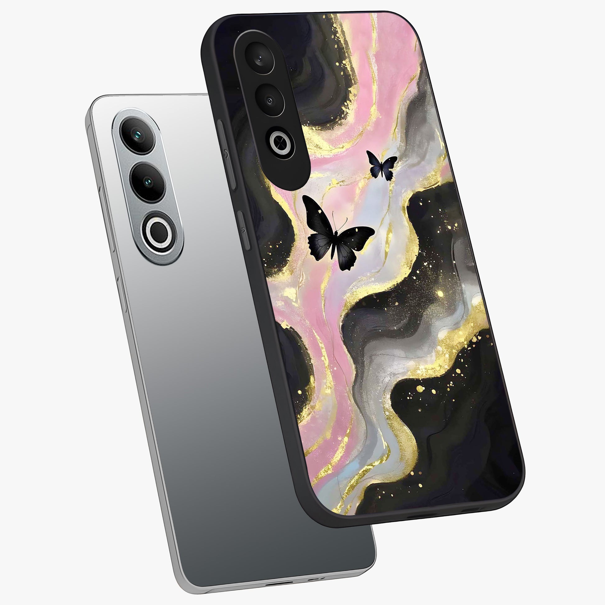 Golden Mist Butterflies Glass Case for 1+Nord CE 4 angled mockup showcasing glossy glass finish and luminous detailing